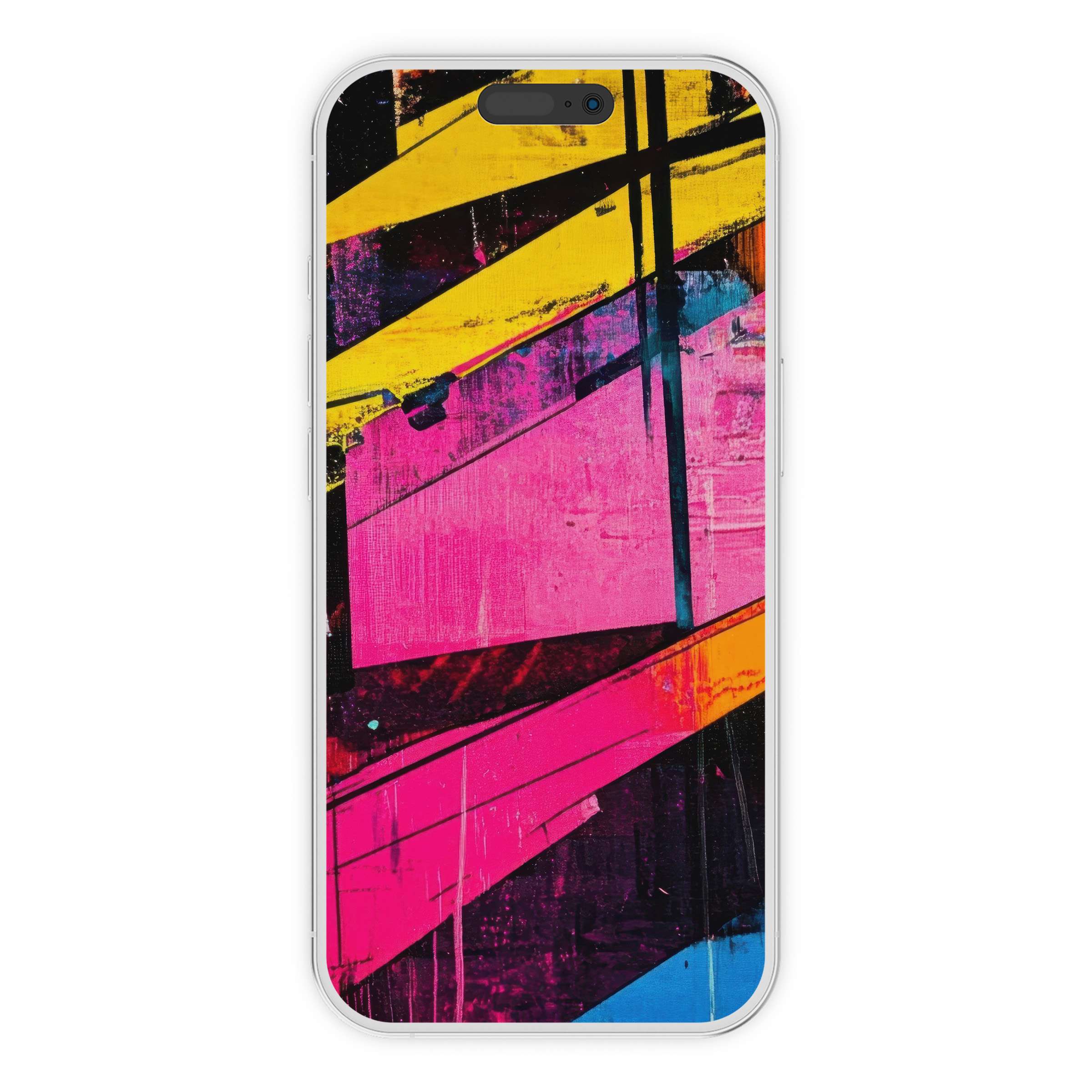 Vibrant pop art iPhone wallpaper featuring bold pink, yellow, and blue textures for a stylish phone background digital download