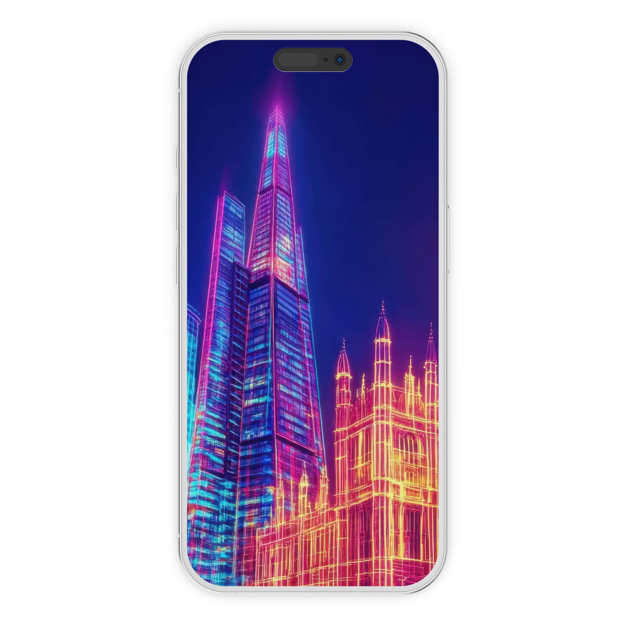 Vibrant pop art iPhone wallpaper showcasing futuristic neon cityscape digital download for phone background, ideal for design lovers