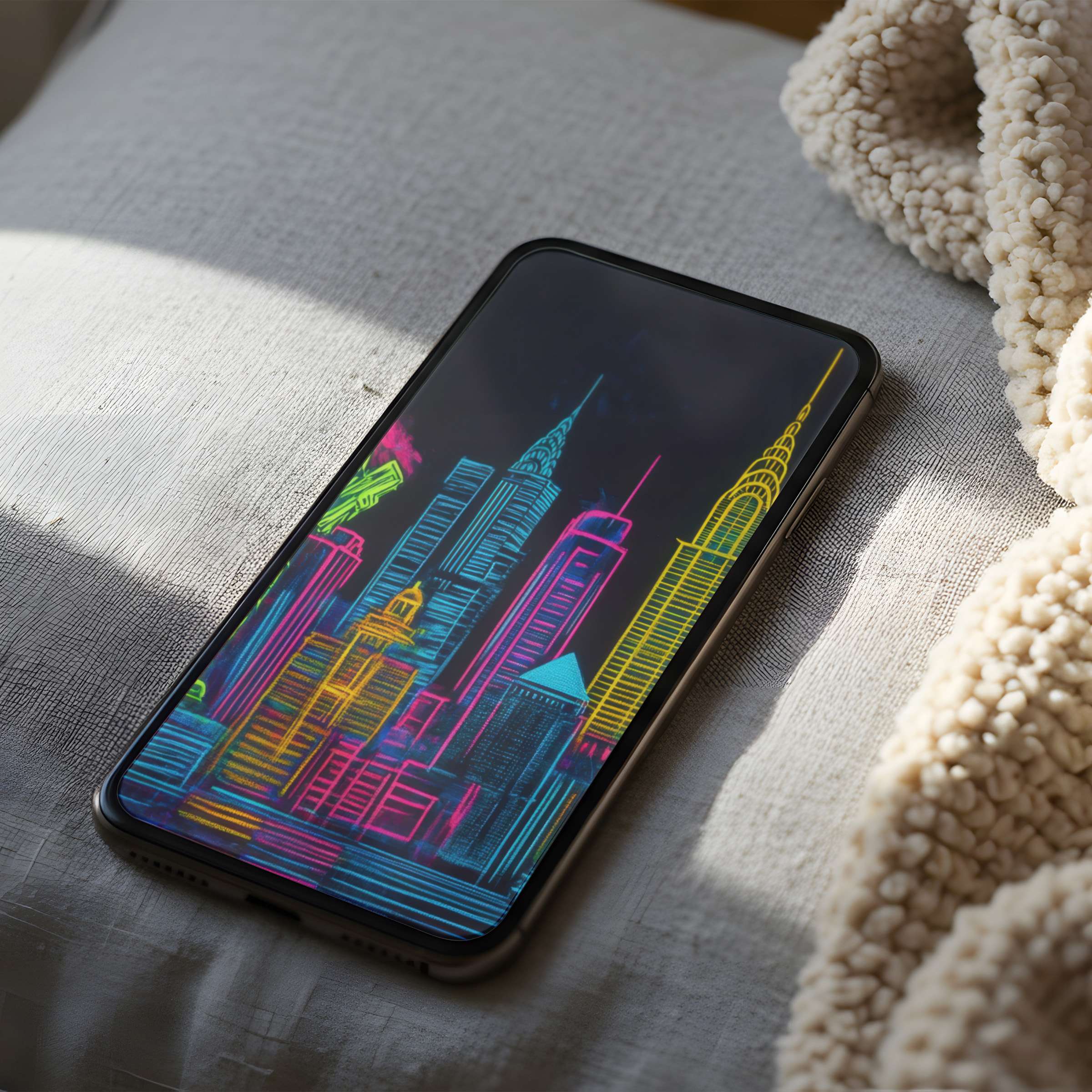 Vibrant neon cityscape phone wallpaper, perfect for iPhone and android phones, offering a curated digital download for serene elegance