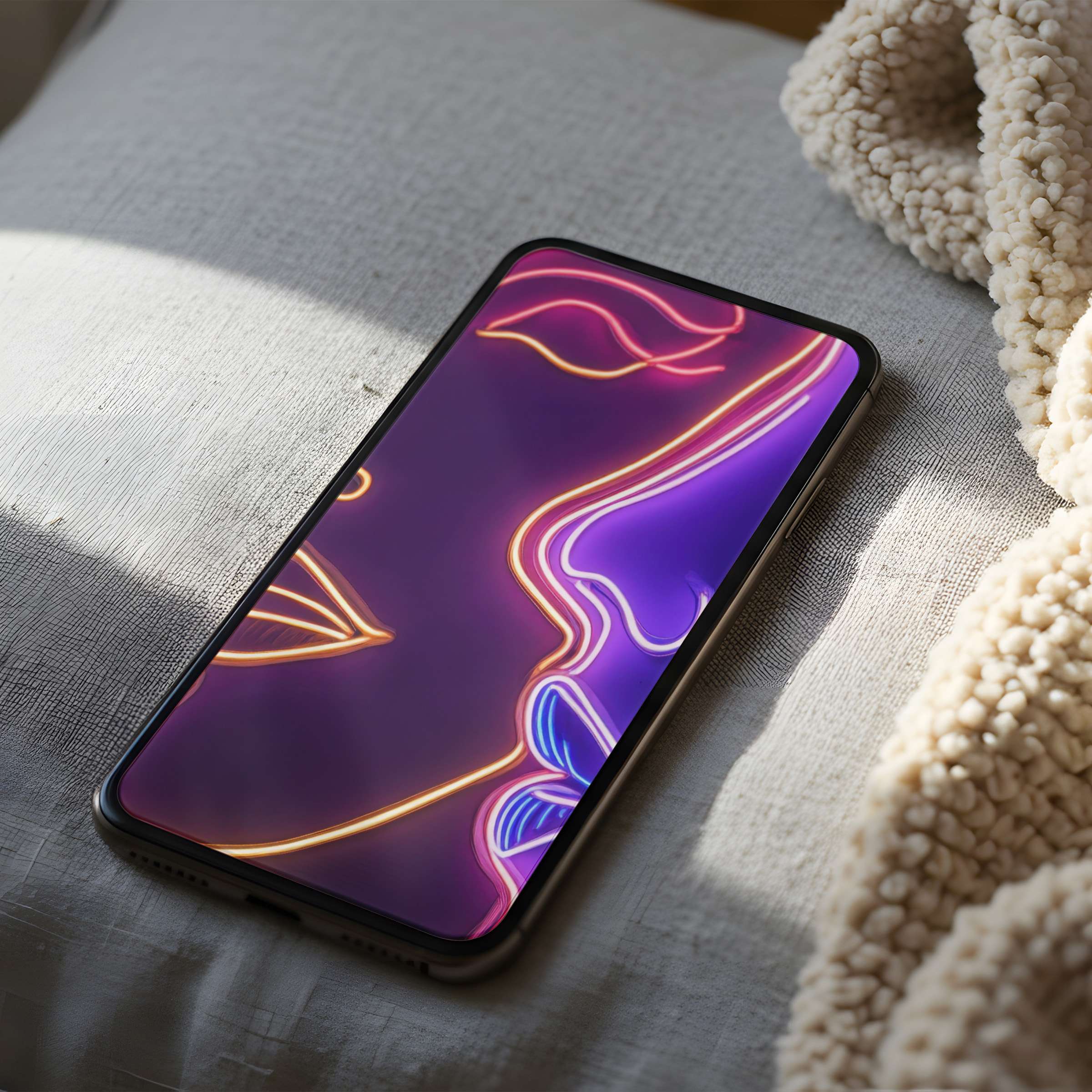 Elegant phone wallpaper featuring neon line art on soothing purple, perfect for iPhone and Android, offering a calming digital download