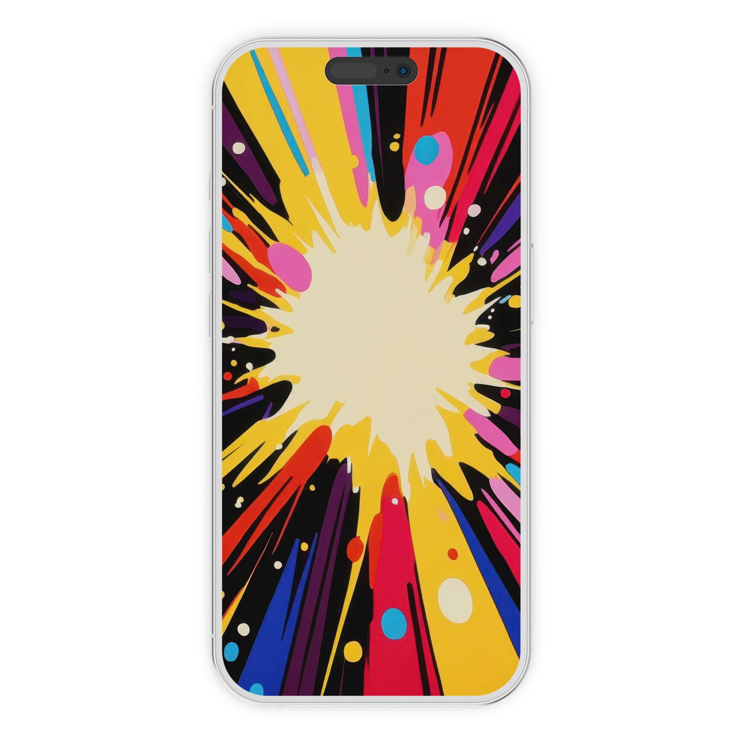 Vibrant pop art iPhone wallpaper for elegant phone background with digital download features bold colors and dynamic bursts
