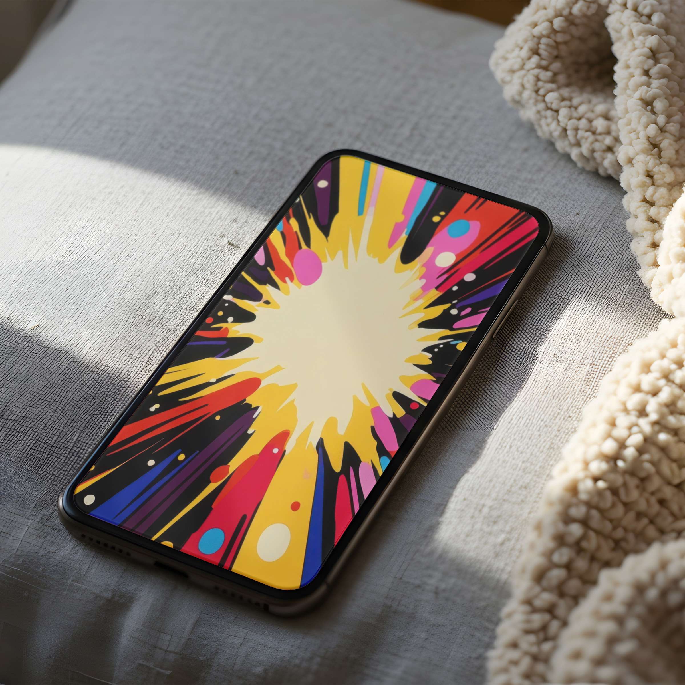 Vibrant abstract phone wallpaper with splash motifs in warm hues on iPhone nestled in cozy interior ideal for digital download