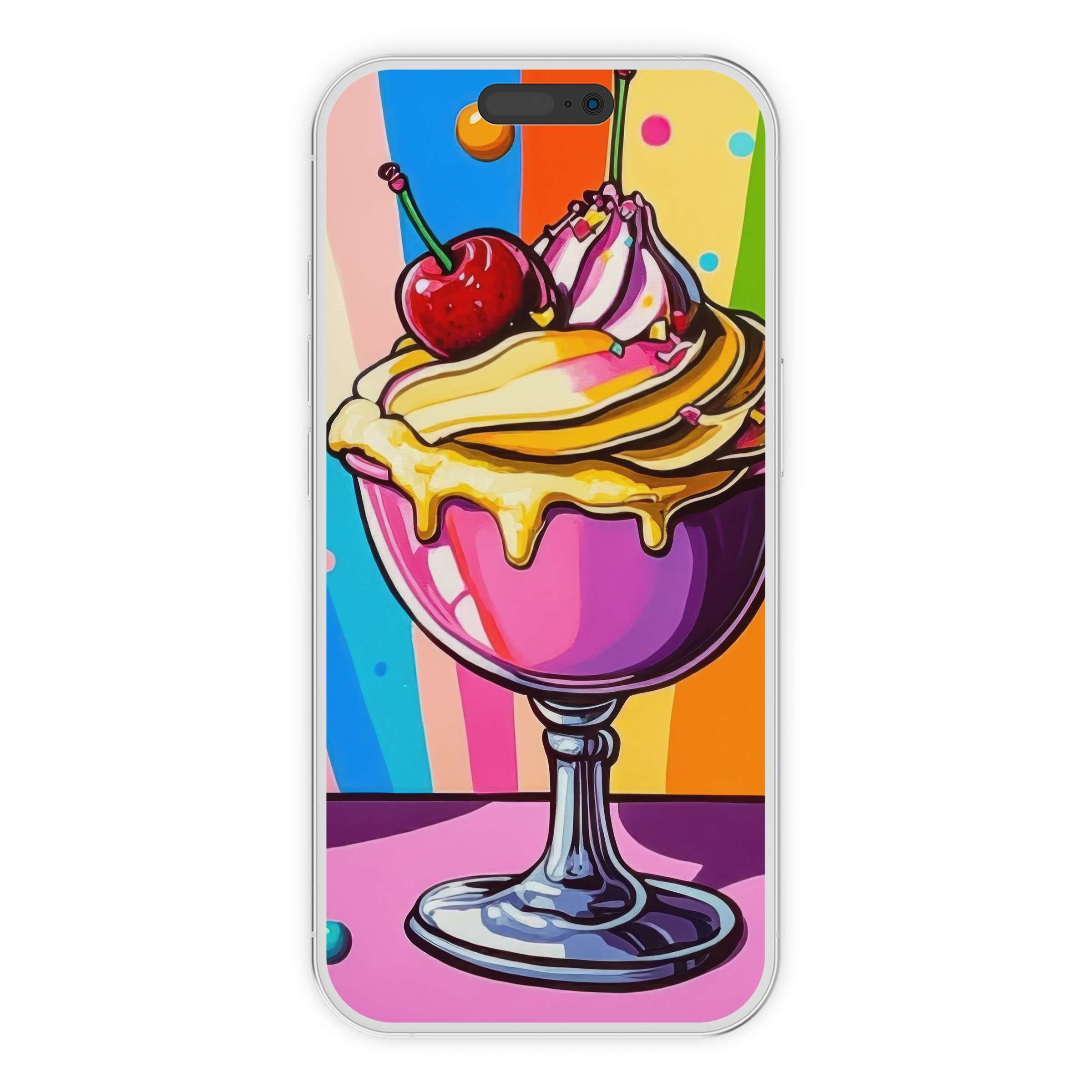 Vibrant pop art iPhone wallpaper featuring a colorful sundae with cherry on sleek phone background for digital download and elegance