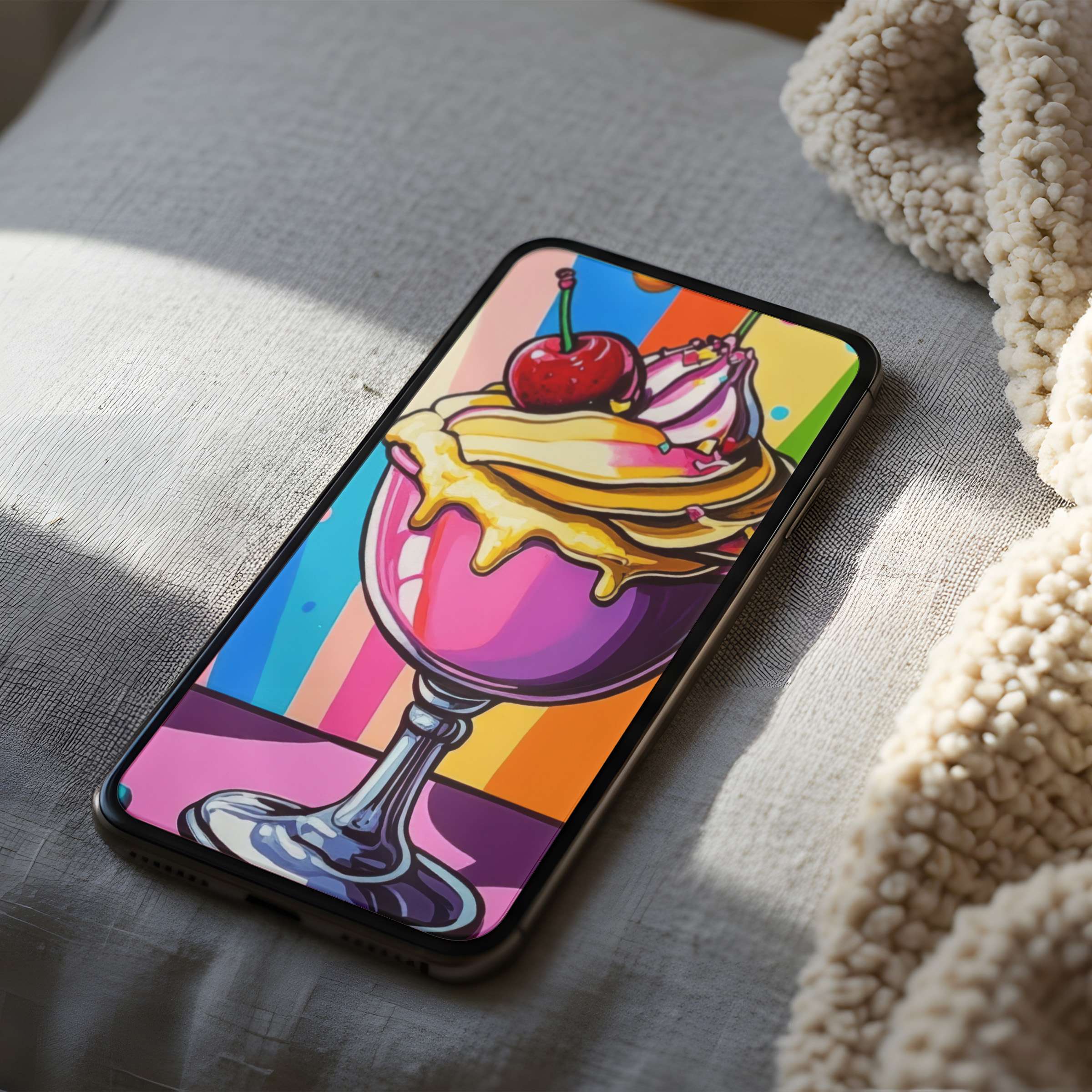 Vibrant phone wallpaper featuring a colorful sundae art design perfect for iPhone or Android digital download enhancing calm style