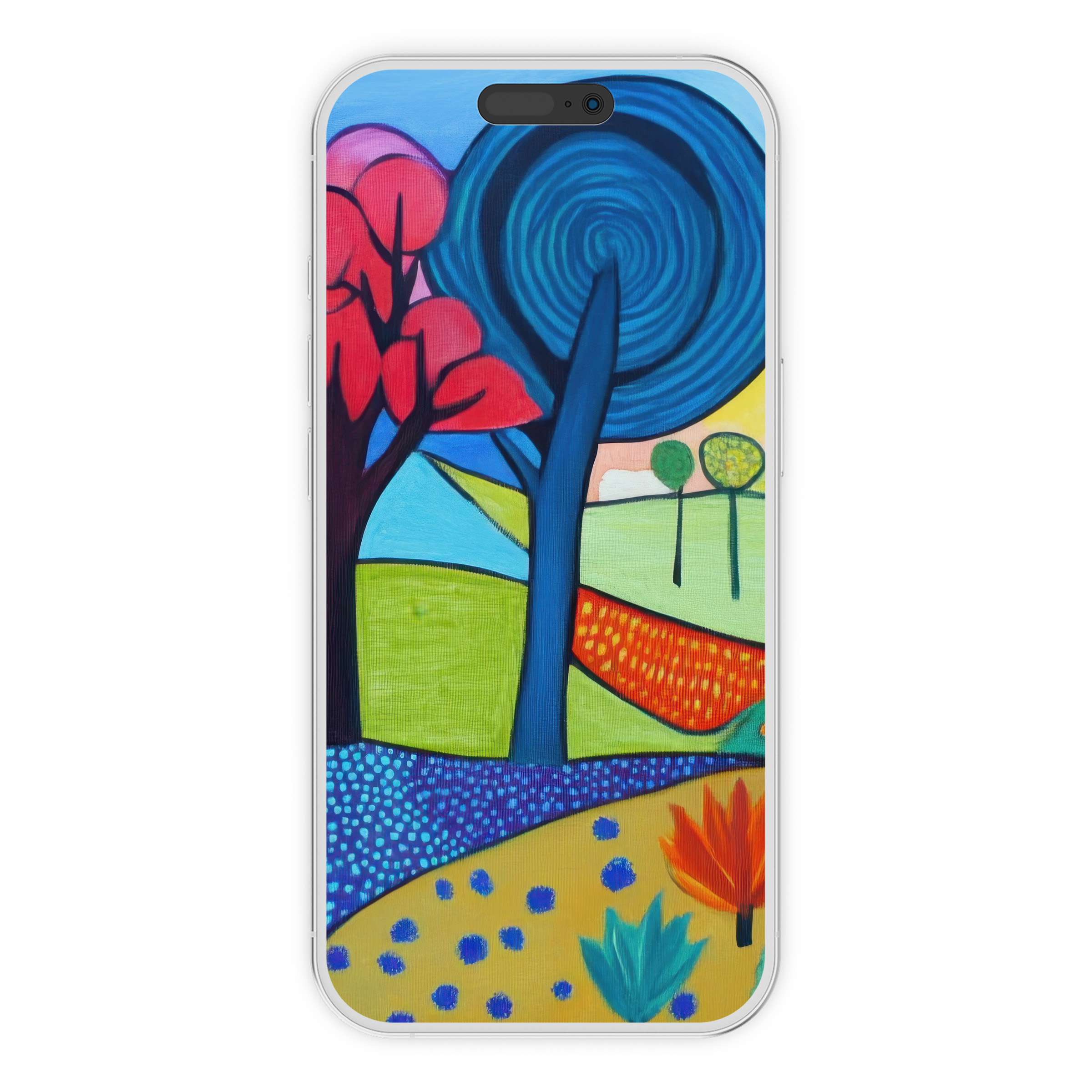 Vibrant pop art iPhone wallpaper featuring abstract trees and landscapes, ideal phone background for a digital download, peaceful and colorful