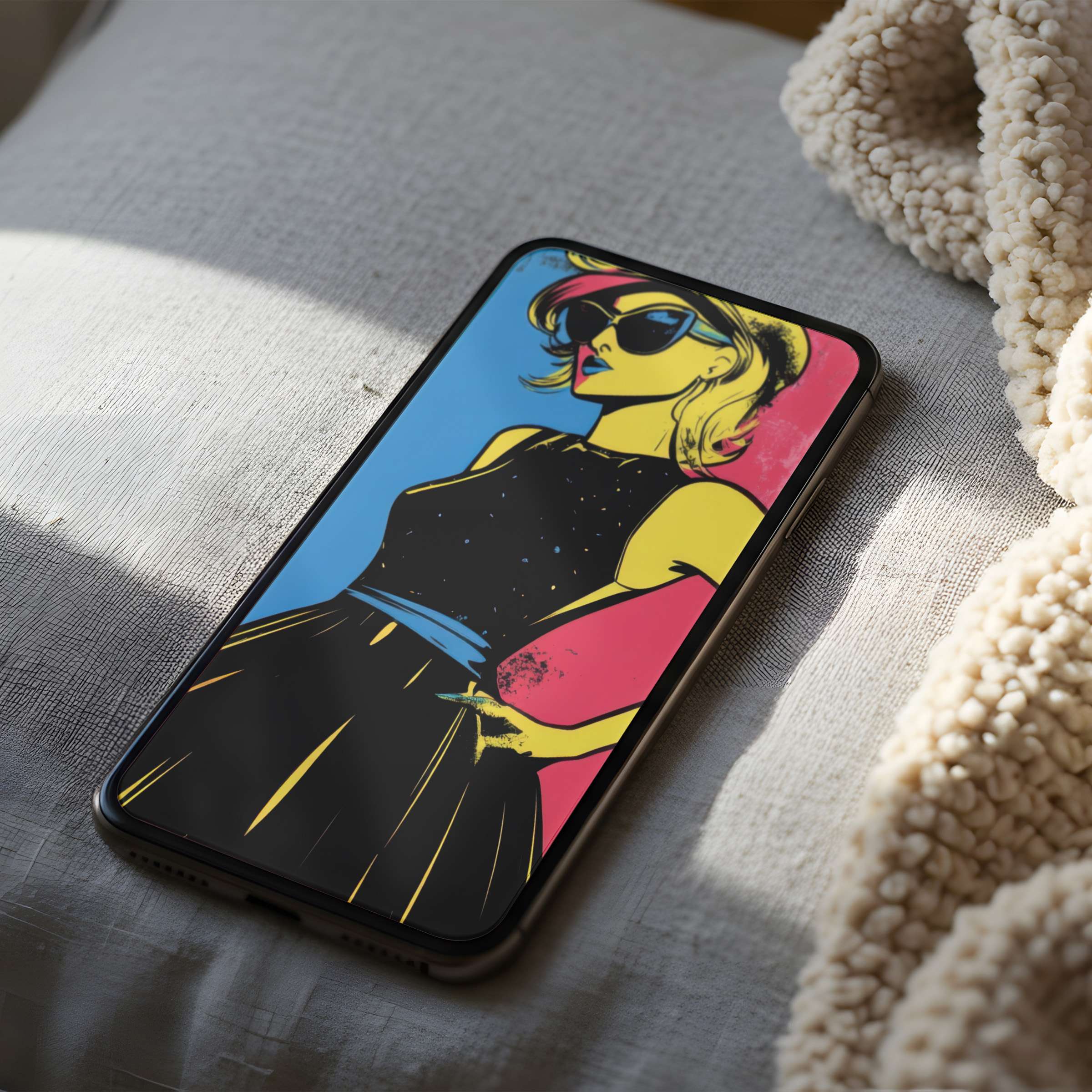 Elegant pop art phone wallpaper in vibrant pink, yellow, and blue tones, perfect for iPhone, available as a high-resolution digital download