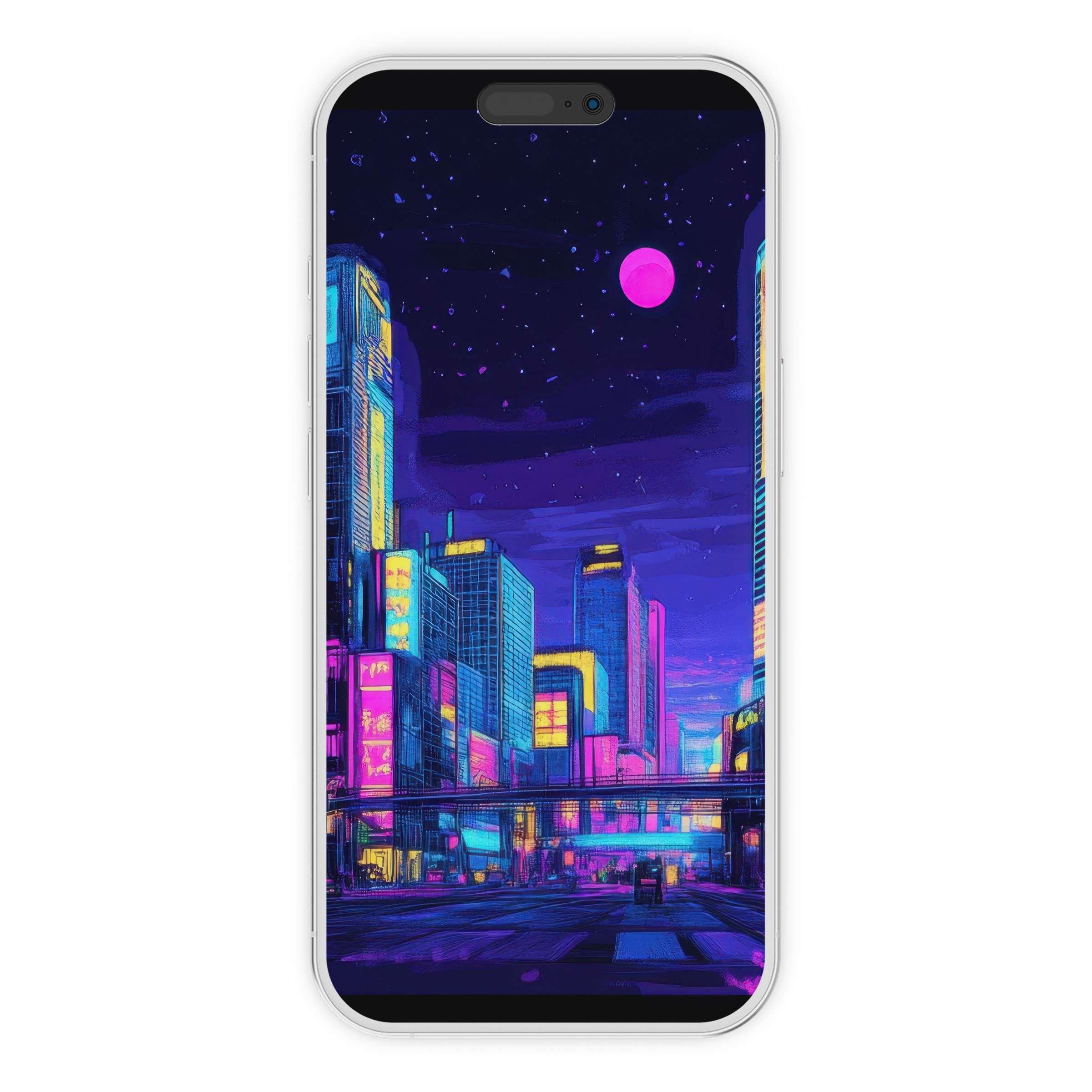 Vibrant pop art iPhone wallpaper, a digital download featuring colorful urban nightscape, perfect phone background for all devices