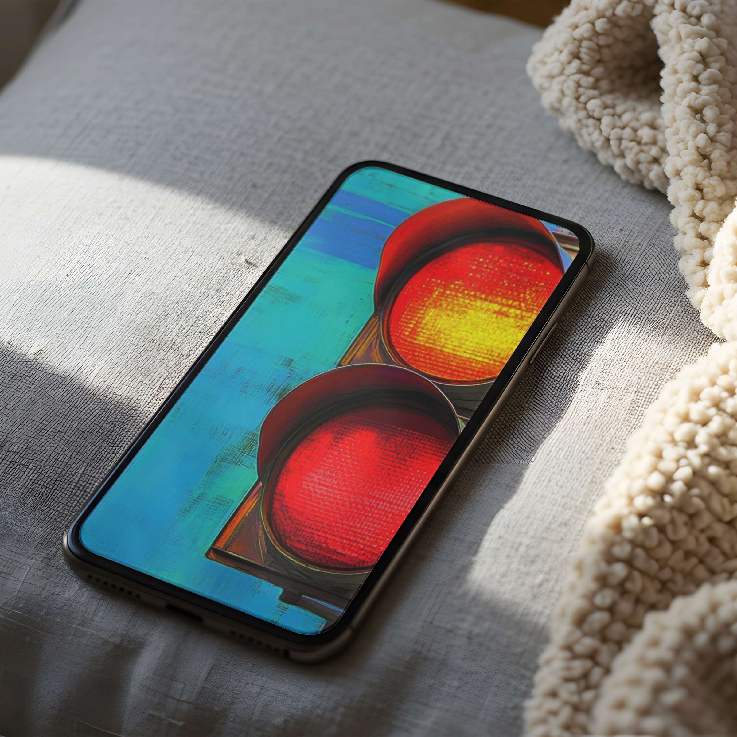 Vibrant phone wallpaper featuring abstract traffic lights with red and yellow hues on a blue background, perfect for iPhone and Android users seeking a high-resolution, stylish digital download