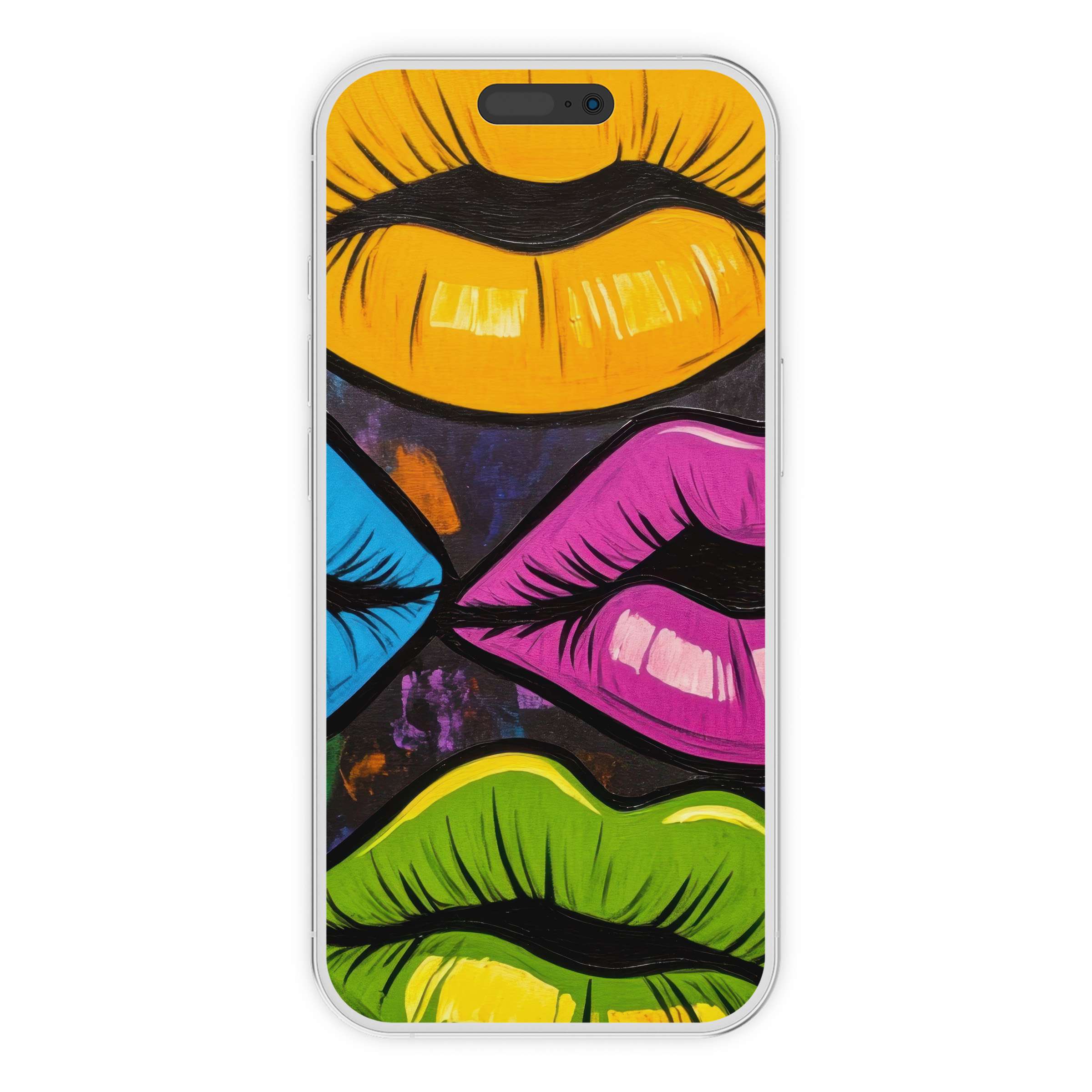 Colorful pop art iPhone wallpaper featuring vibrant lips, perfect digital download for a stylish phone background with artistic flair