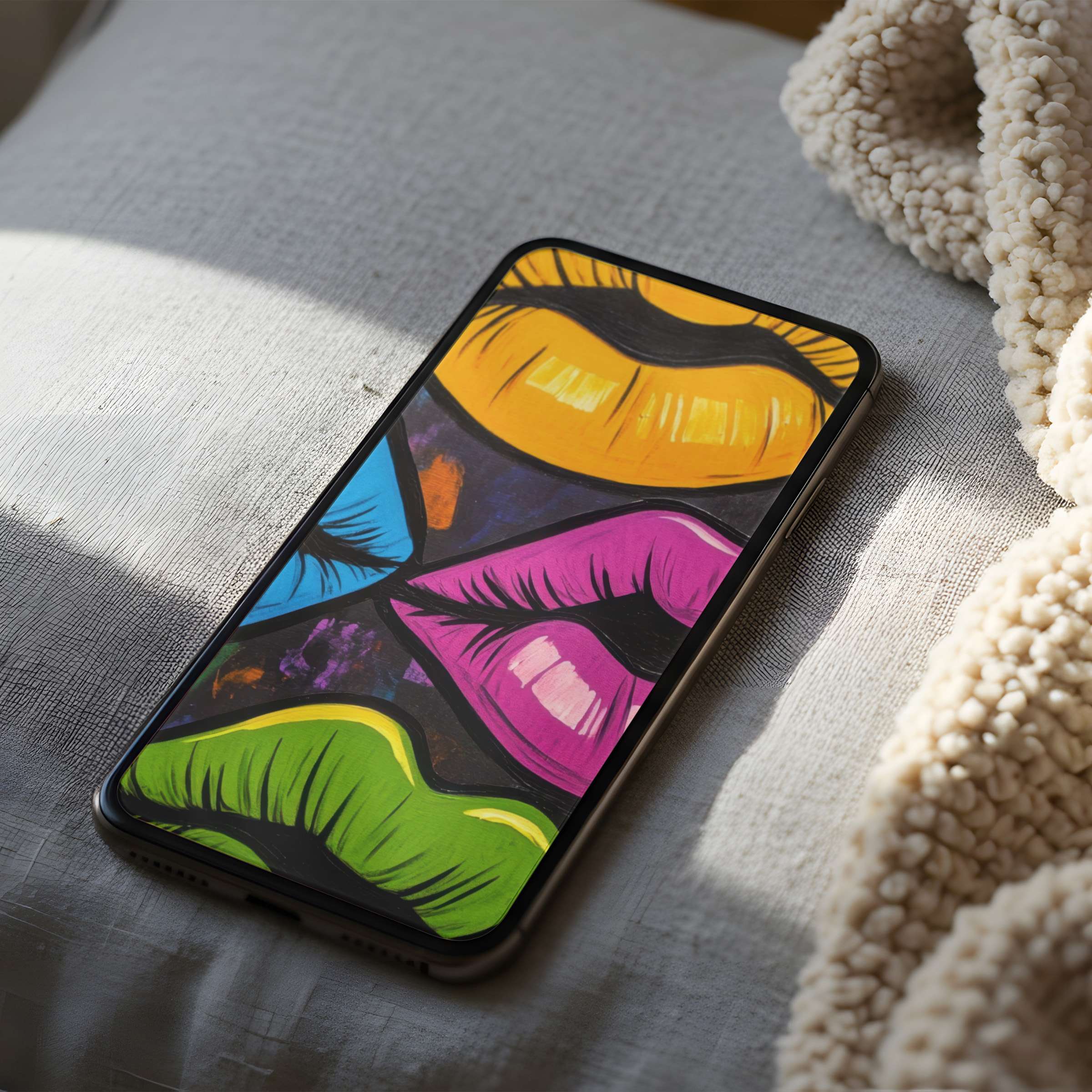 Vibrant pop art phone wallpaper featuring colorful lips in high resolution enhances any iPhone or Android with bold elegance