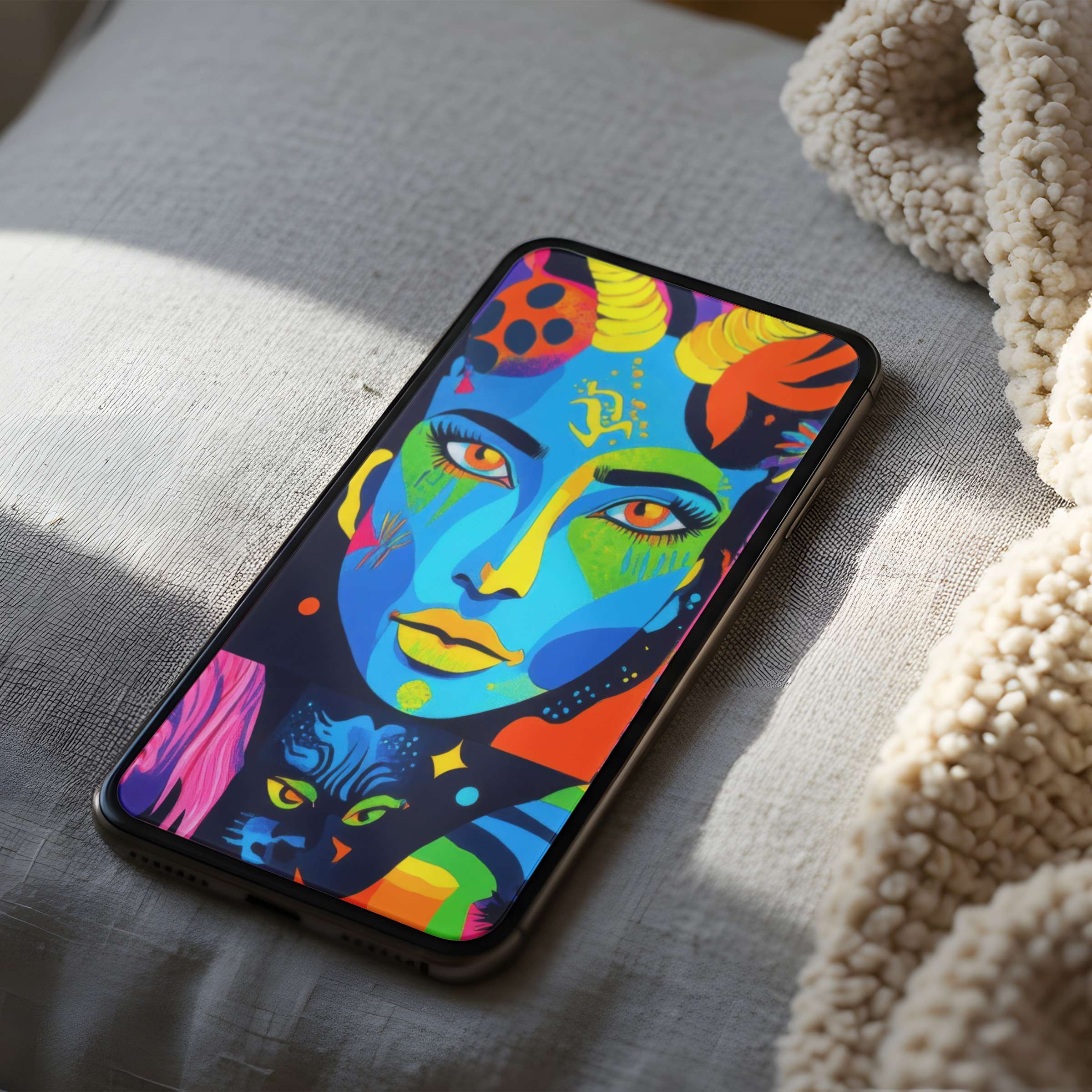 Vibrant abstract face in cosmic blue and orange, perfect phone wallpaper for iPhone and Android, offering calm and high resolution download