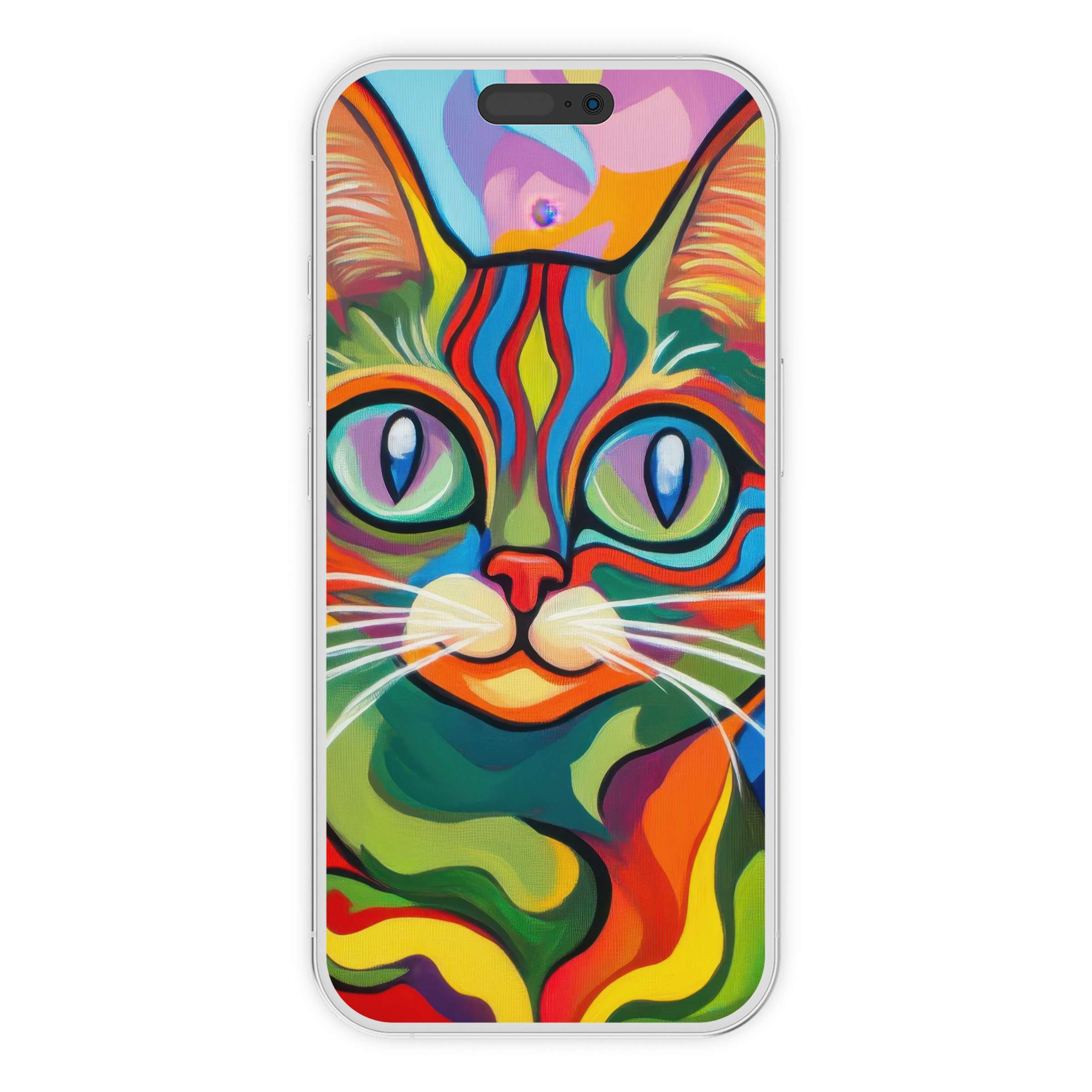 Vibrant pop art iPhone wallpaper featuring a colorful cat design, perfect phone background for a digital download, expressive and unique