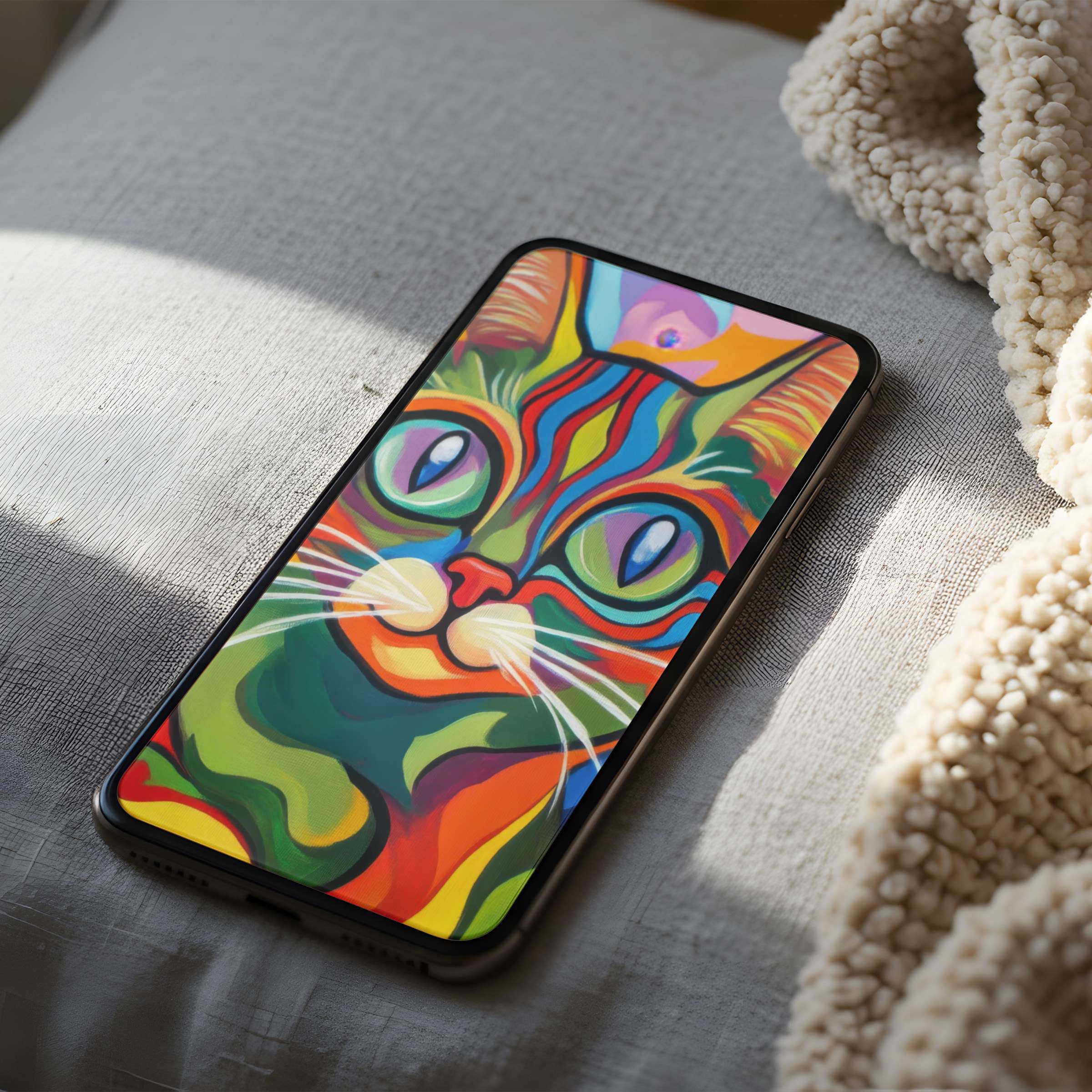 Vibrant cat-themed phone wallpaper in high resolution enhances any iPhone or Android screen with artistic flair, perfect for download