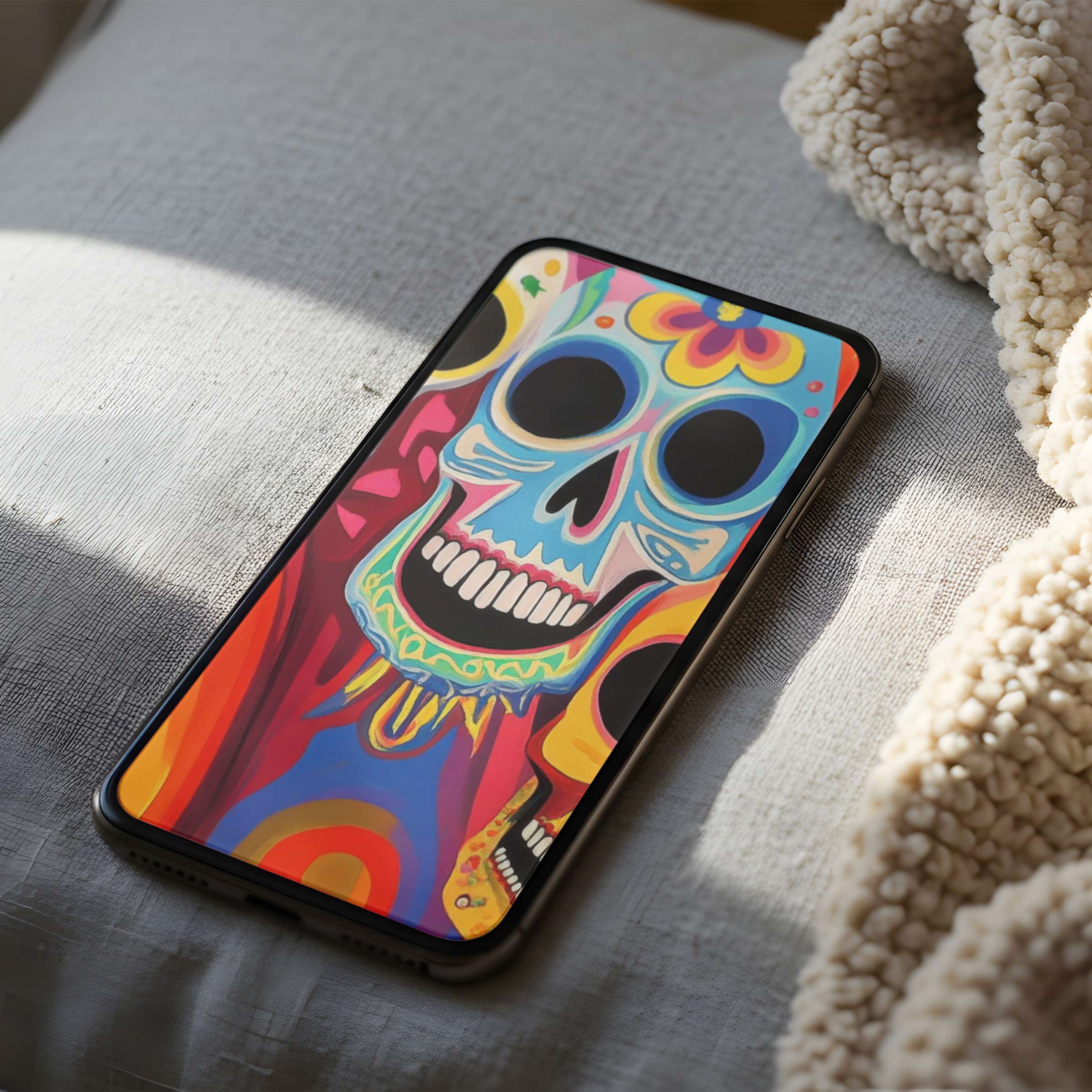 Vibrant skull design phone wallpaper in high resolution, perfect for iPhone and Android, enhancing relaxation and style for digital download