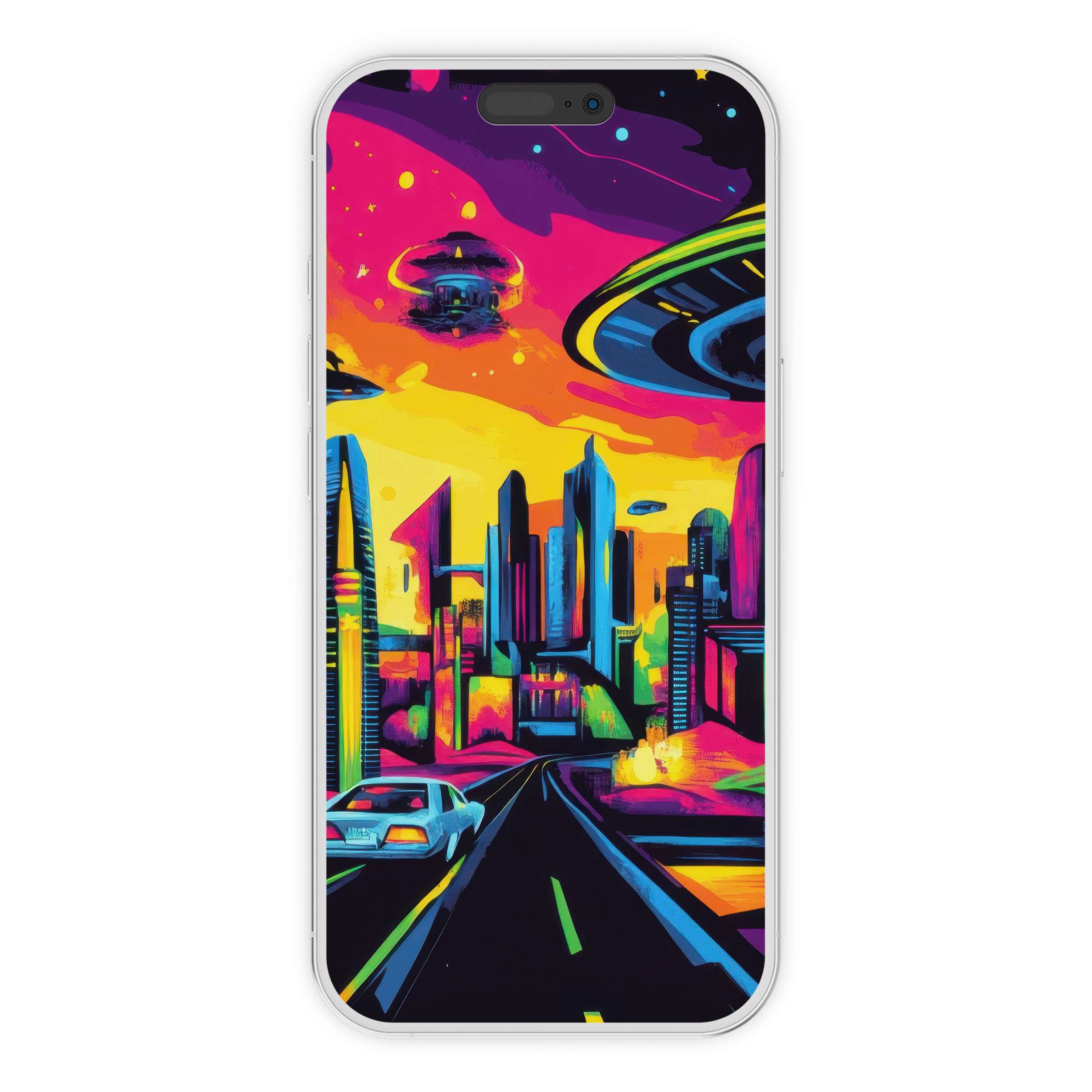 Vibrant neon cityscape in pop art iPhone wallpaper creates a stunning phone background for digital download fans of futuristic urban art