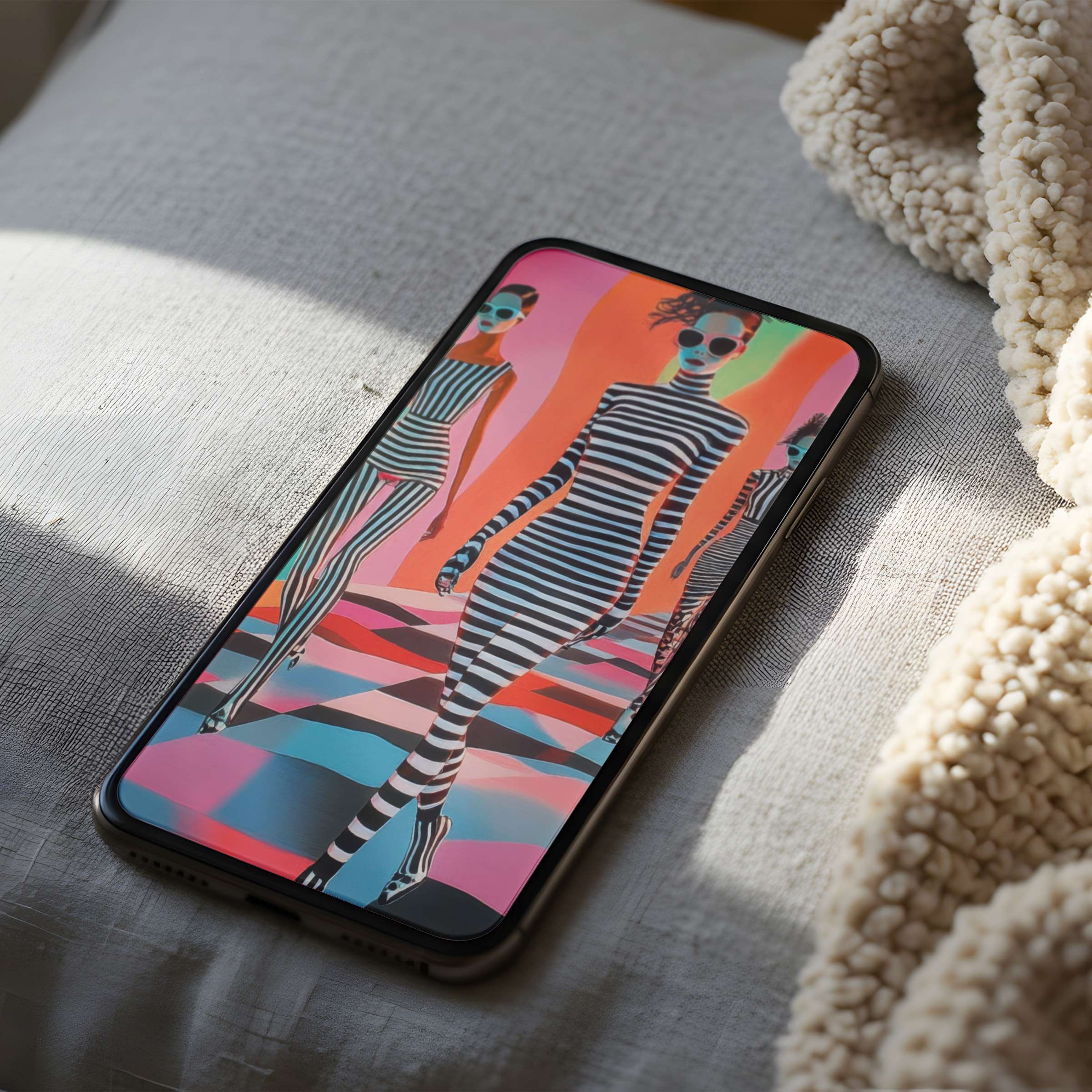 Vibrant phone wallpaper with futuristic striped figures, set in a high-resolution design, perfect for iPhone and android, offering digital calm