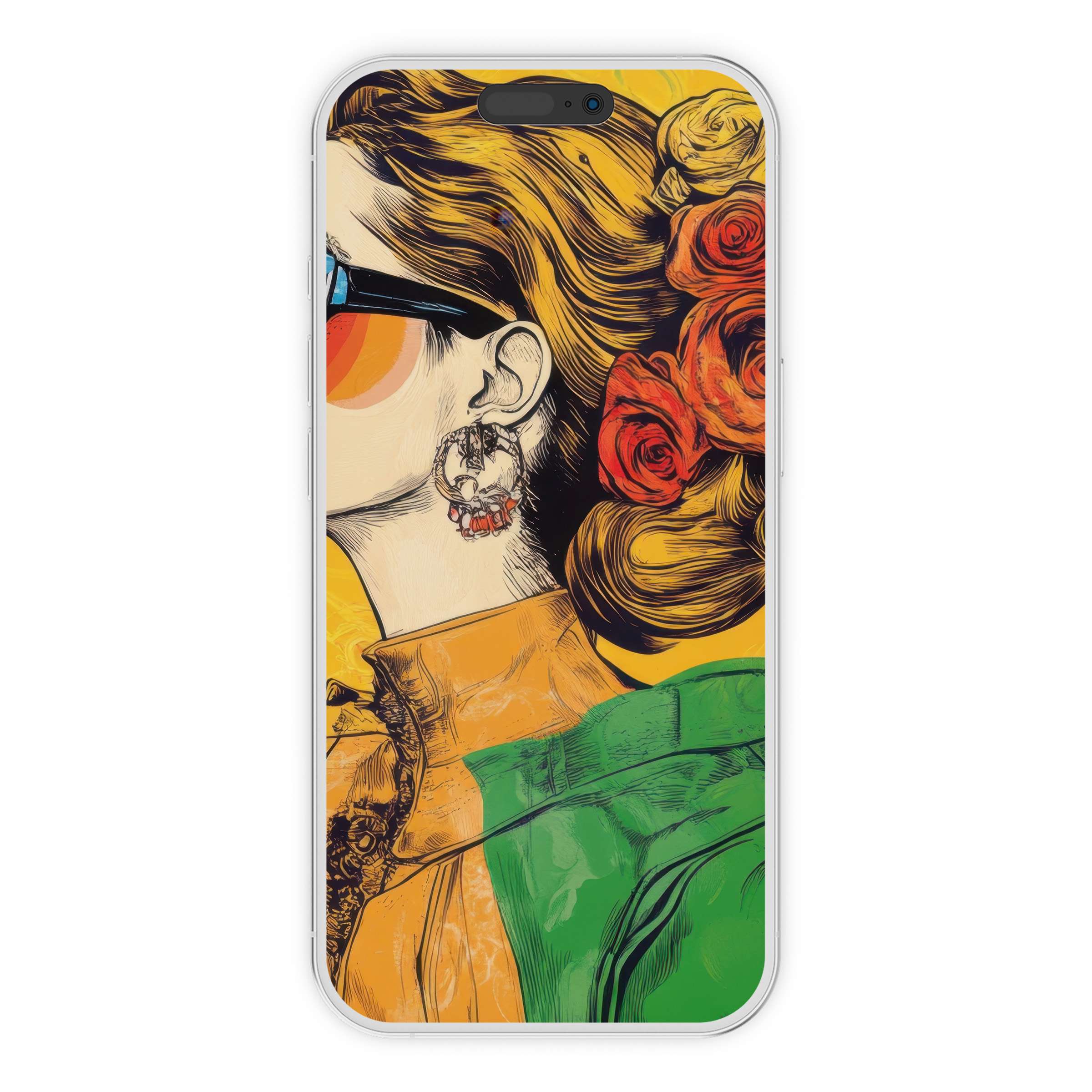 Vibrant pop art iPhone wallpaper featuring retro style with floral accents, perfect digital download for phone background and art lovers