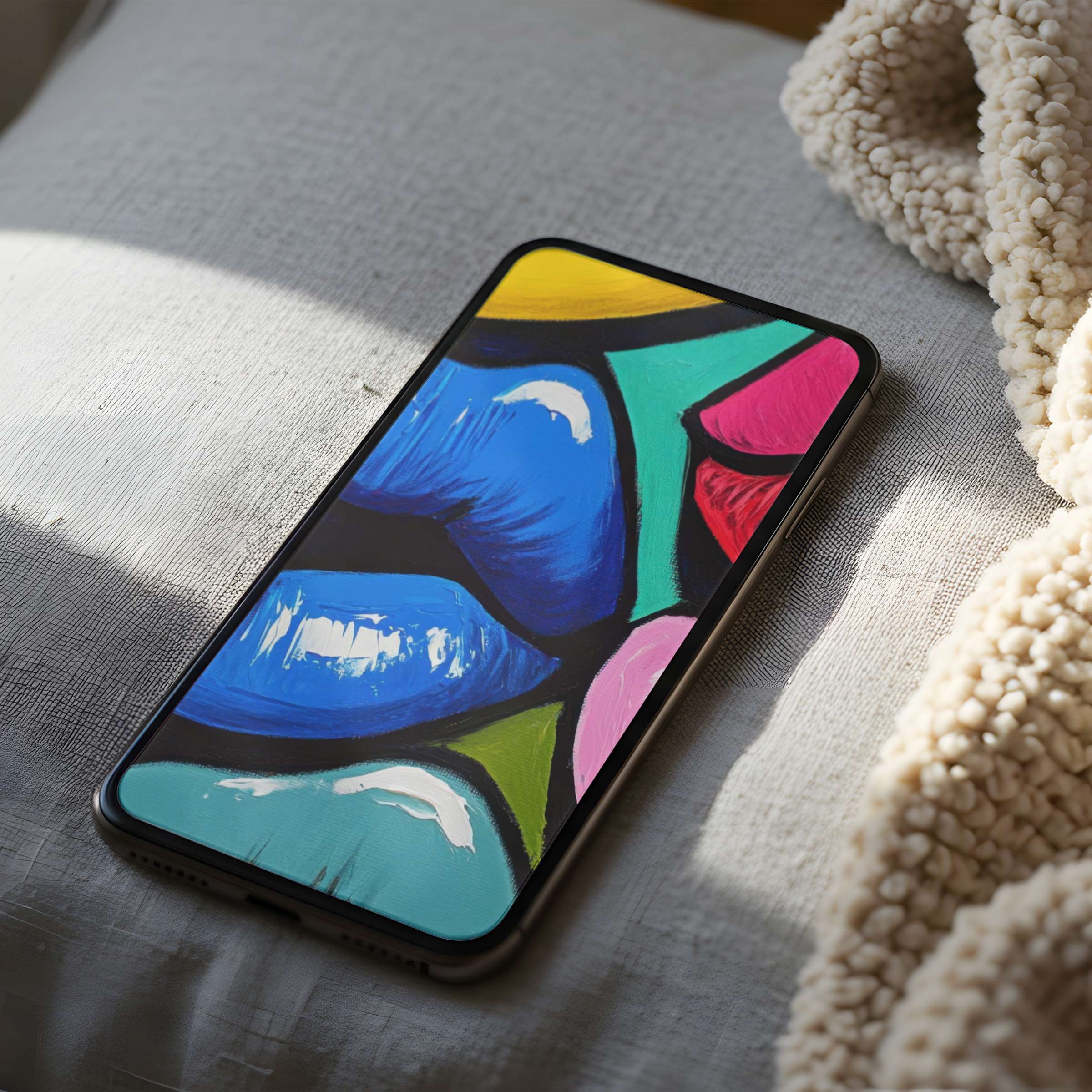 Elegant phone wallpaper featuring vibrant abstract art in blue, pink, and green hues offers a high-resolution digital download suitable for iPhone and Android