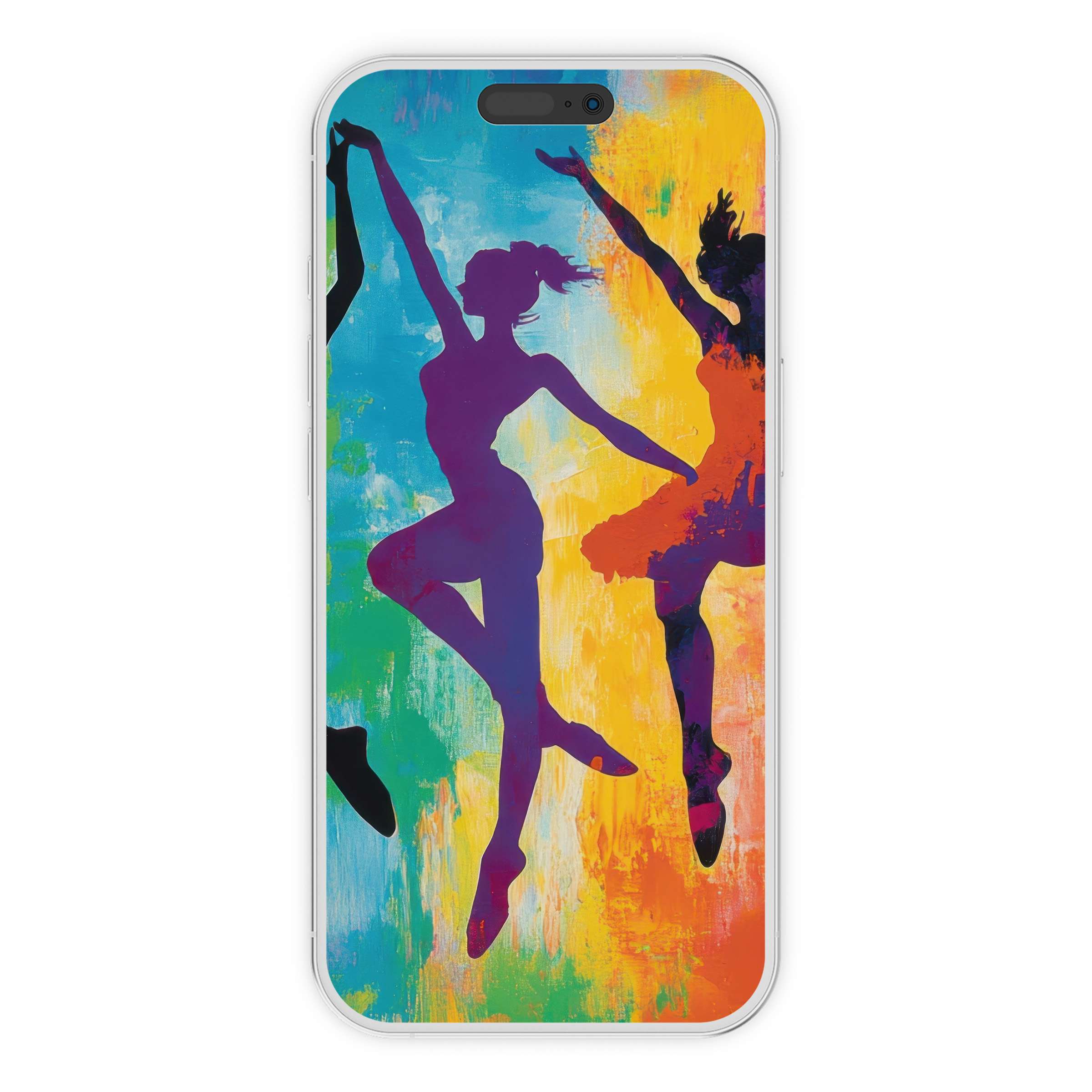 Vibrant pop art iPhone wallpaper featuring elegant dancers in colorful hues, perfect digital download phone background for spiritual inspiration