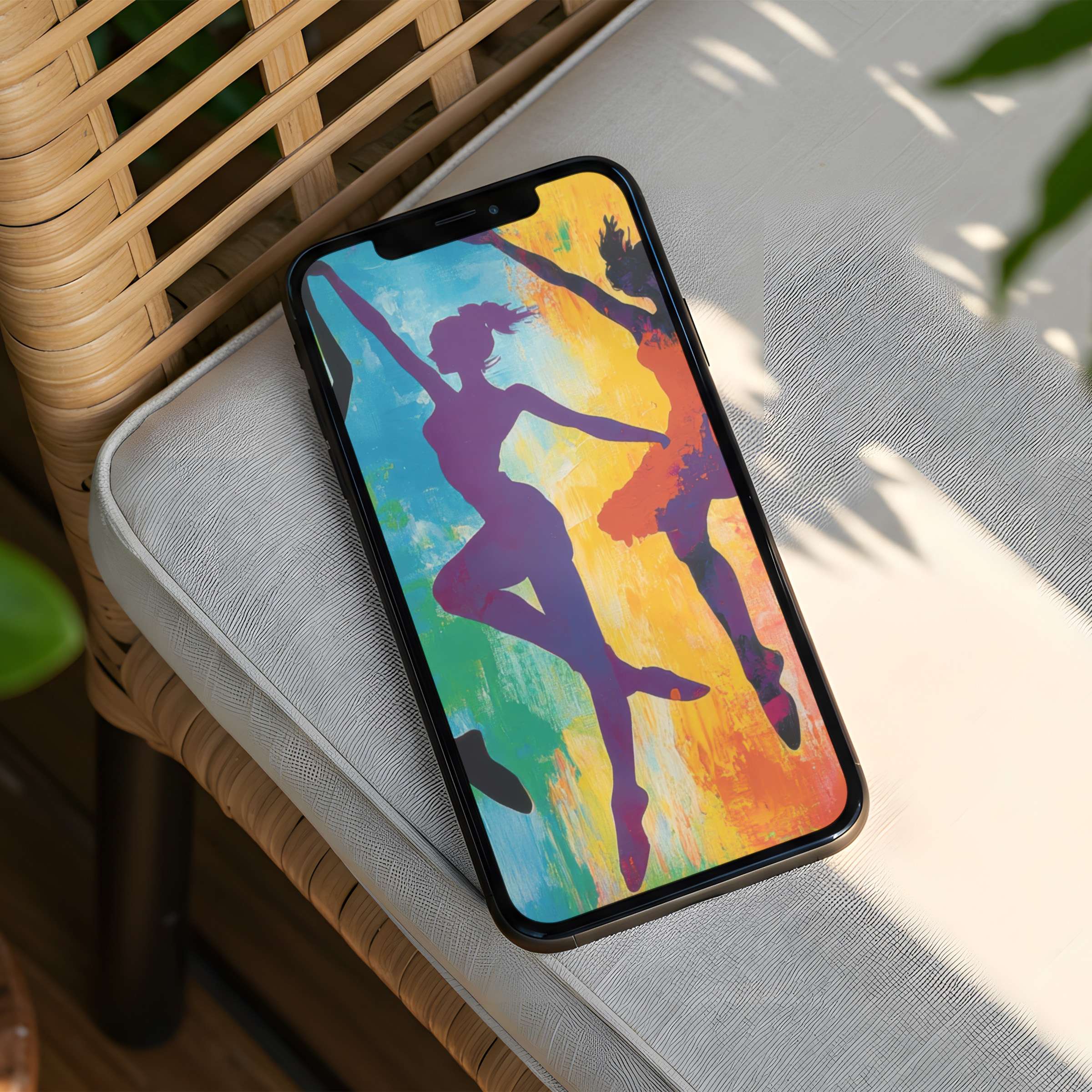 Elegant silhouette dancers on a vibrant background, perfect iPhone background for calm inspiration, instant download for any phone