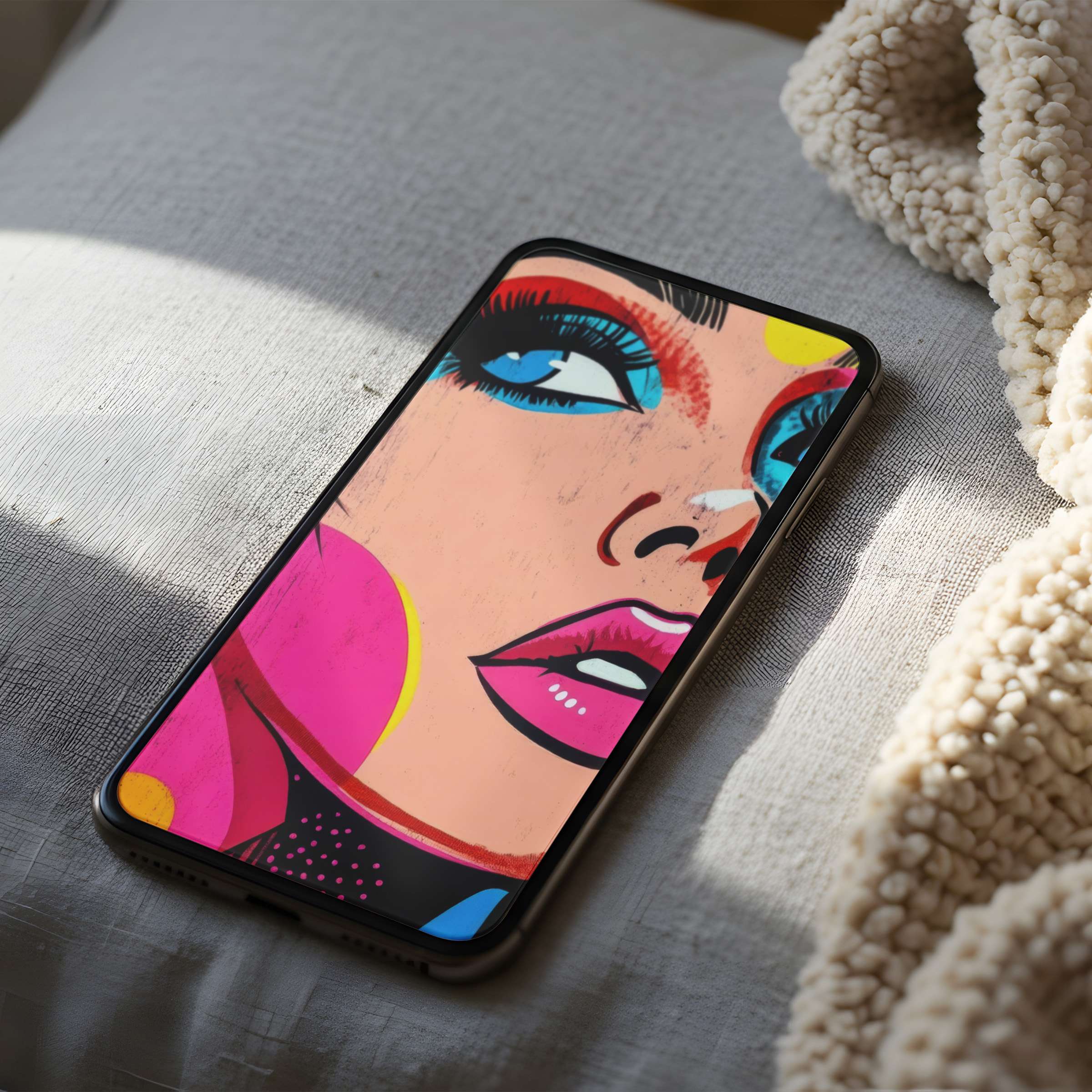 Colorful pop art phone wallpaper featuring a vibrant portrait, perfect for iPhone and Android digital download lovers seeking elegance