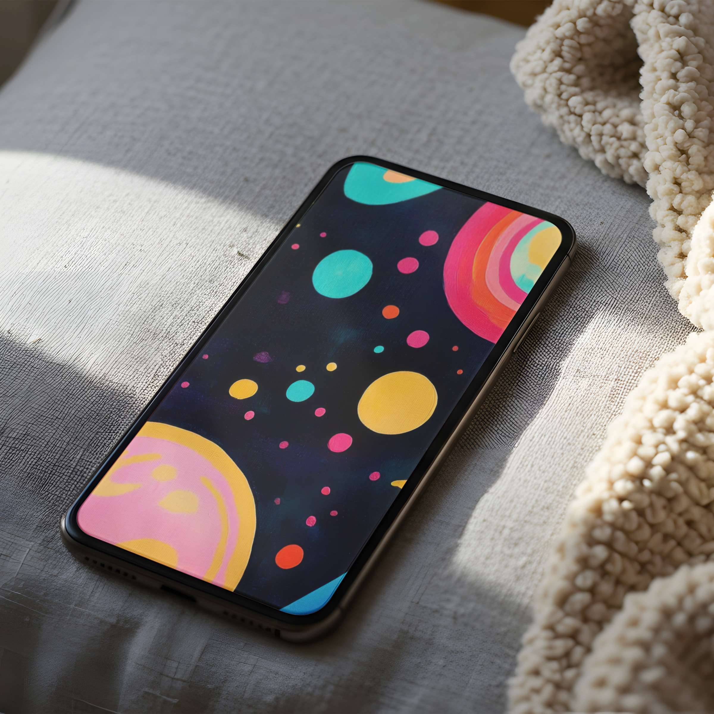 Elegant phone wallpaper with vibrant circles and pastel hues, offering high-resolution visual therapy for iPhone and Android devices