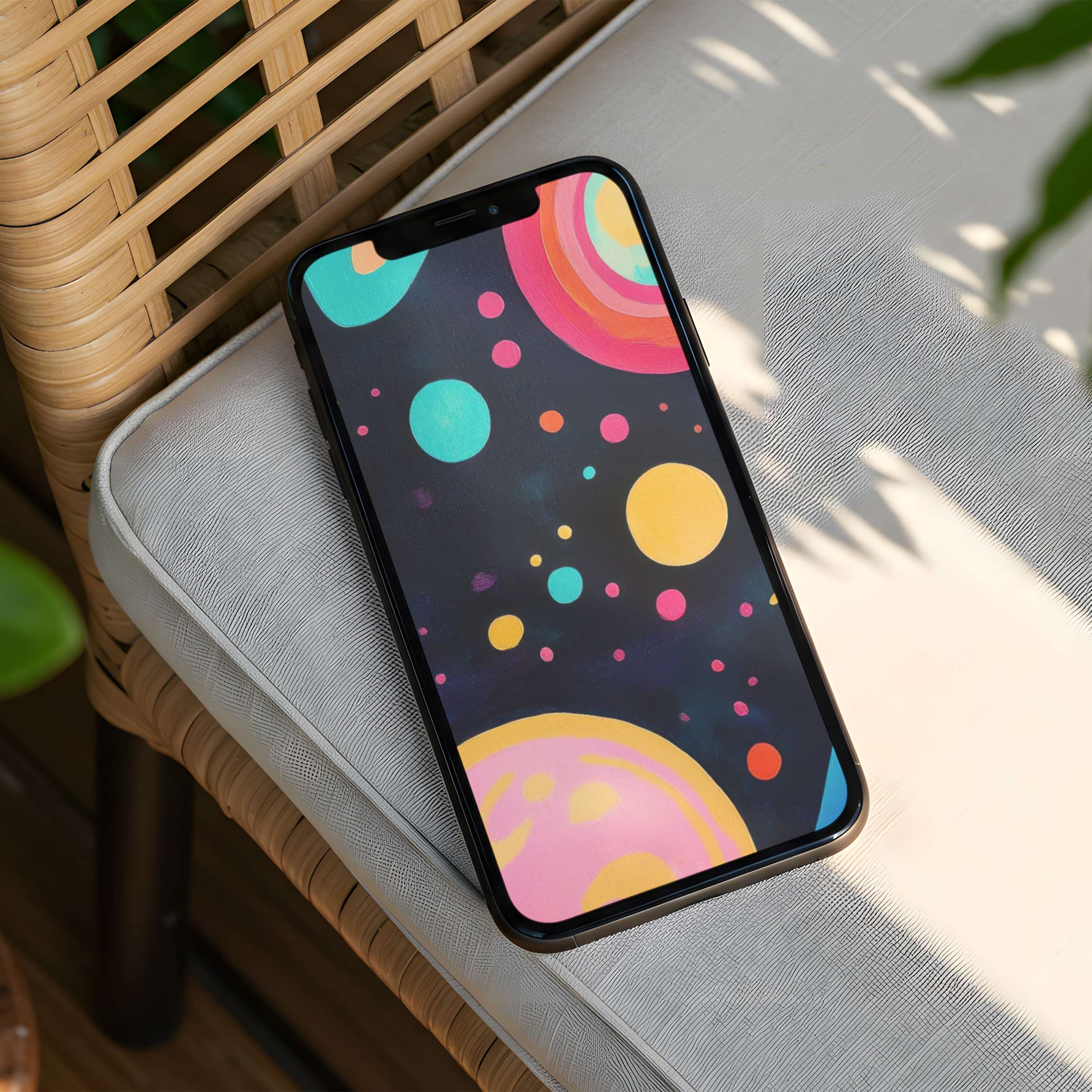 Vibrant iPhone background with cosmic circles offers a calming escape, perfect for phone aesthetics and mindful moments via instant download