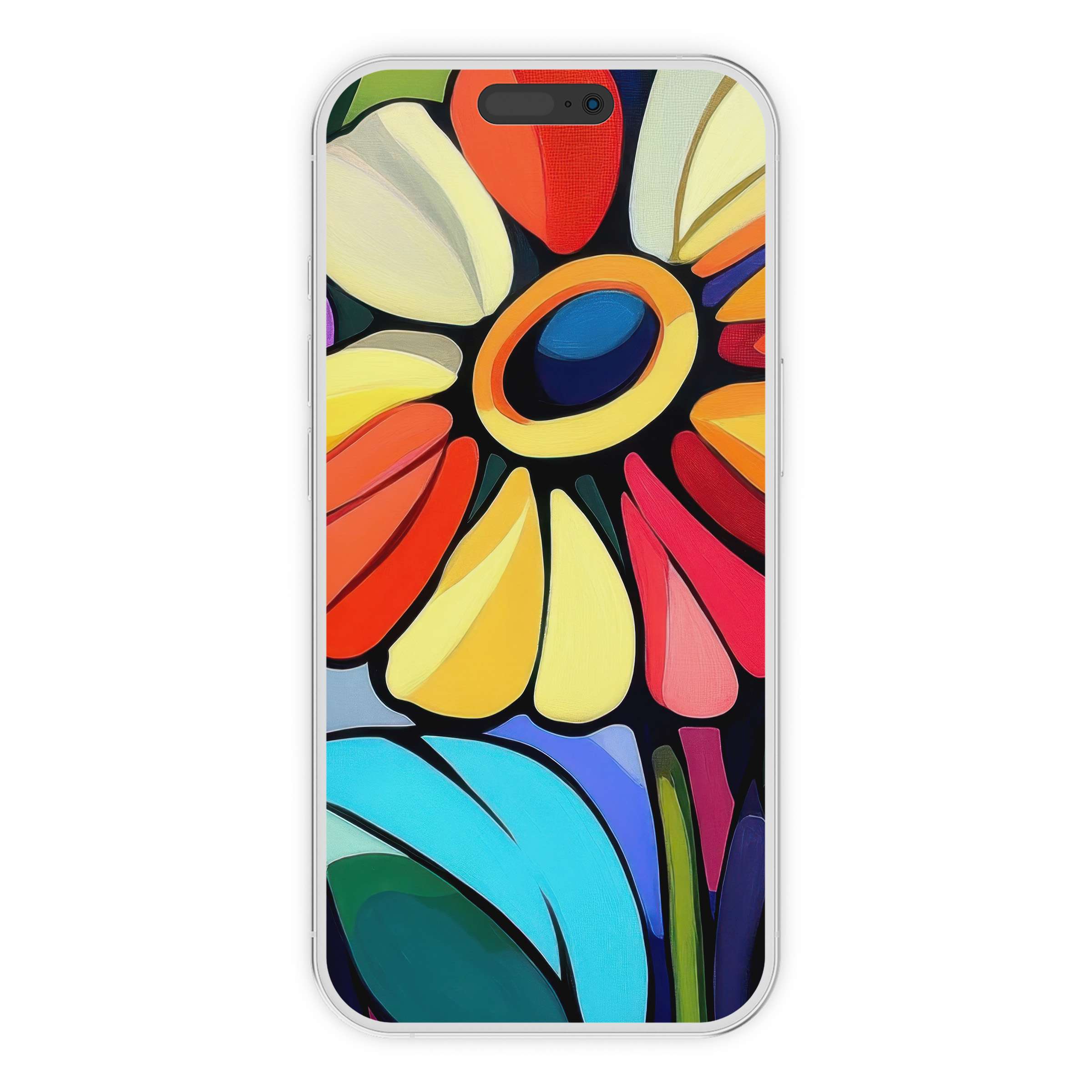 Vibrant floral pop art iPhone wallpaper, perfect digital download for artistic phone background, adds a burst of color and joy