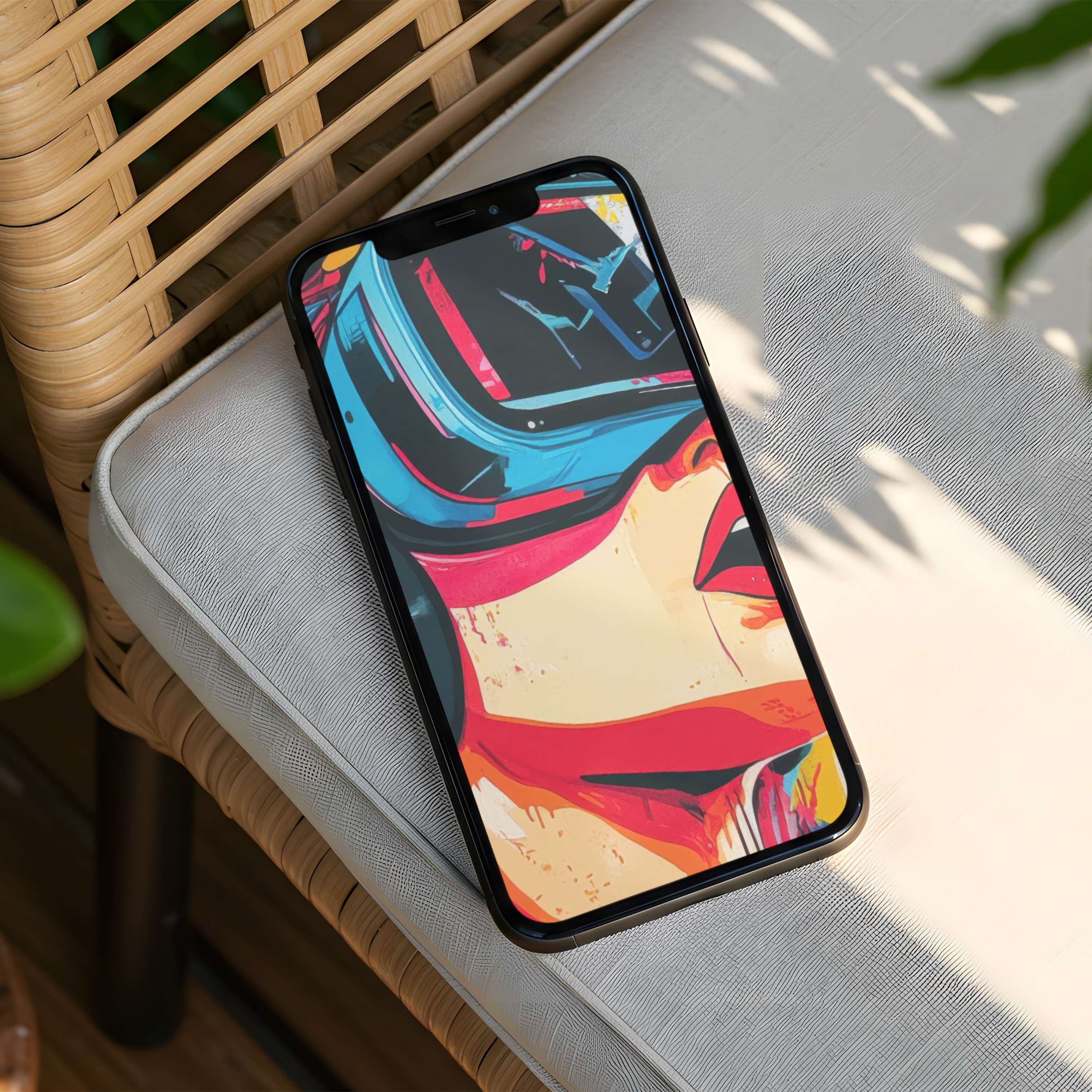 Colorful abstract design iPhone background on phone placed on a wicker chair evokes calm and elegance with instant download availability