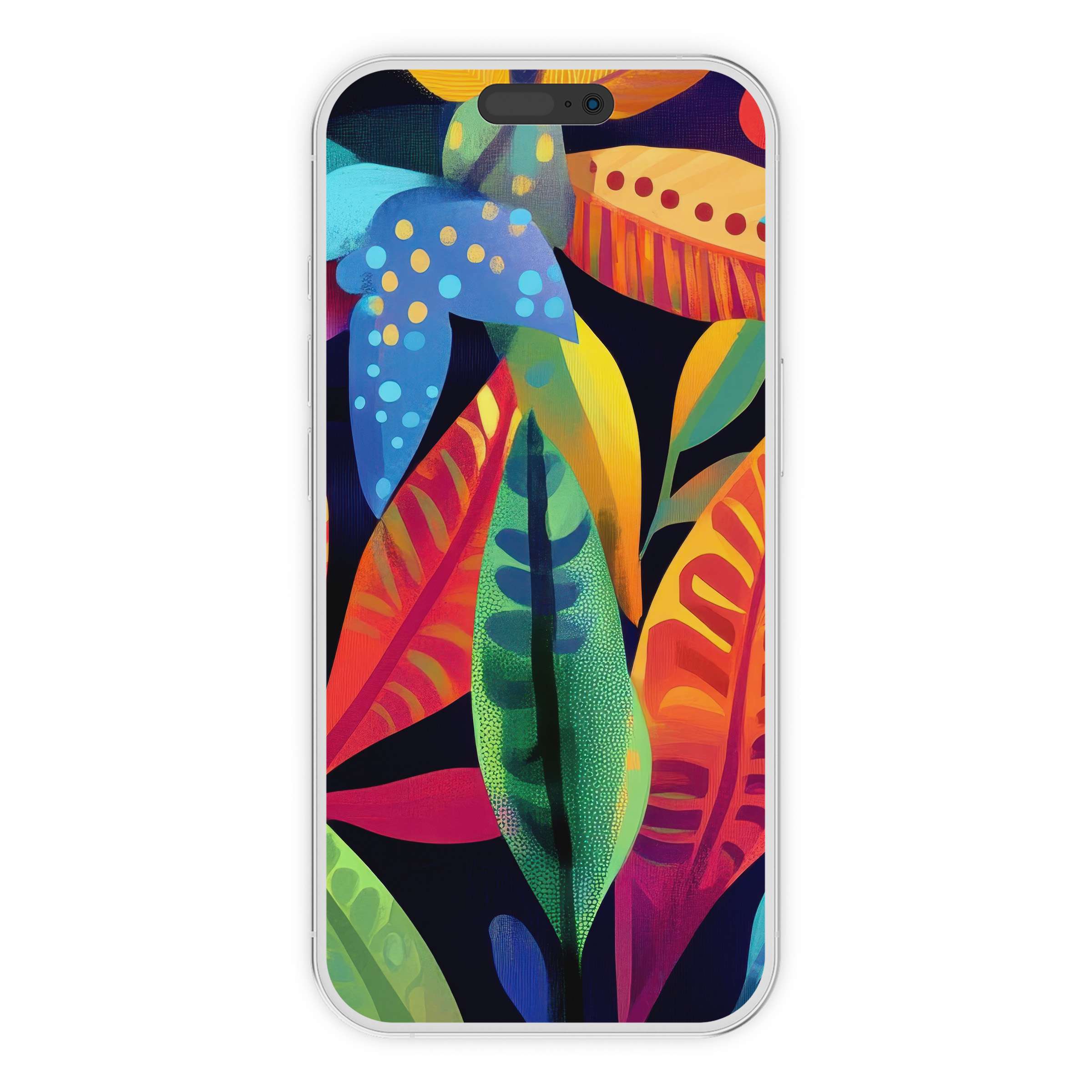 Vibrant pop art iPhone wallpaper featuring colorful abstract leaves, perfect for a stunning phone background digital download now