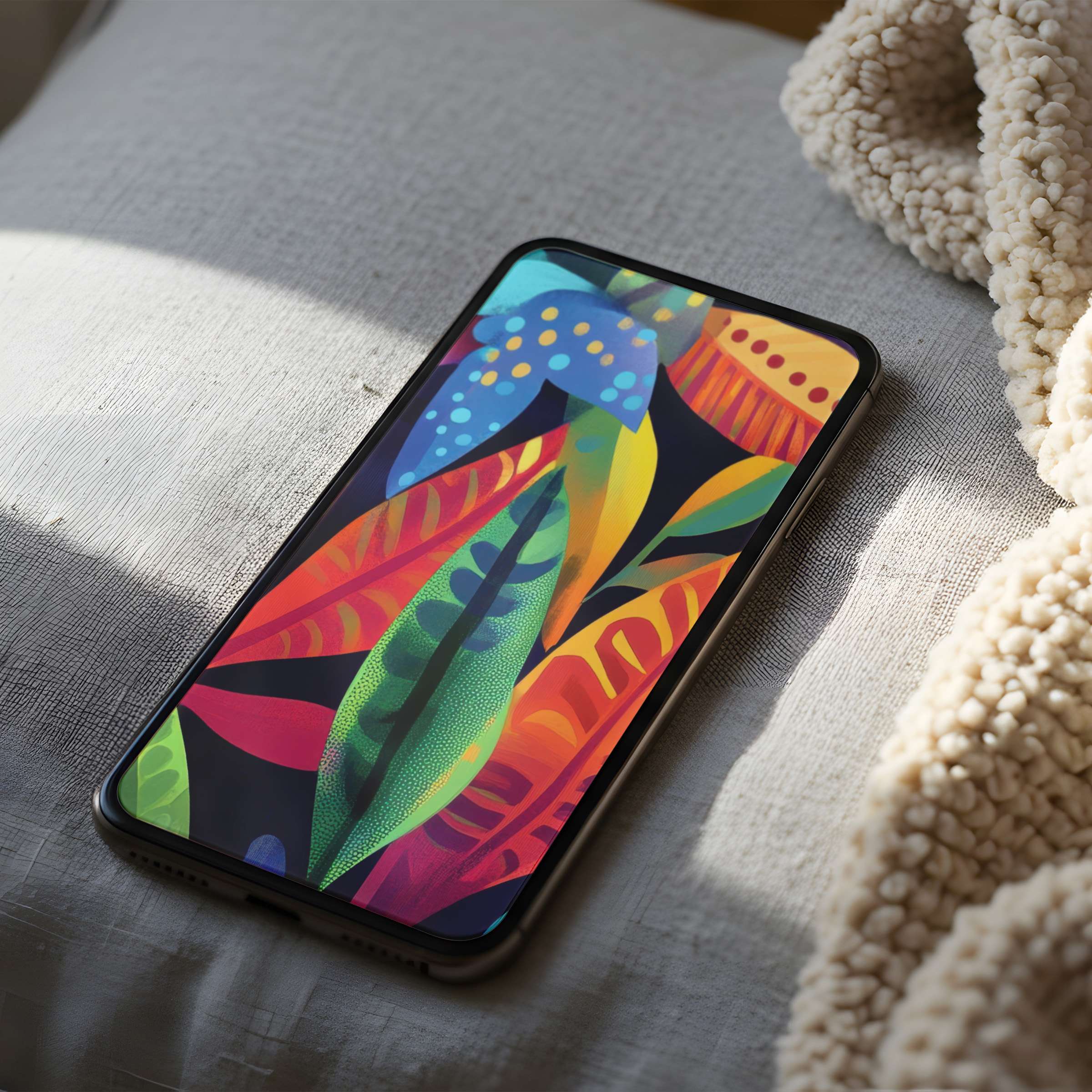 Vibrant abstract phone wallpaper featuring tropical leaves in high resolution colors, ideal for peaceful iPhone and android screens