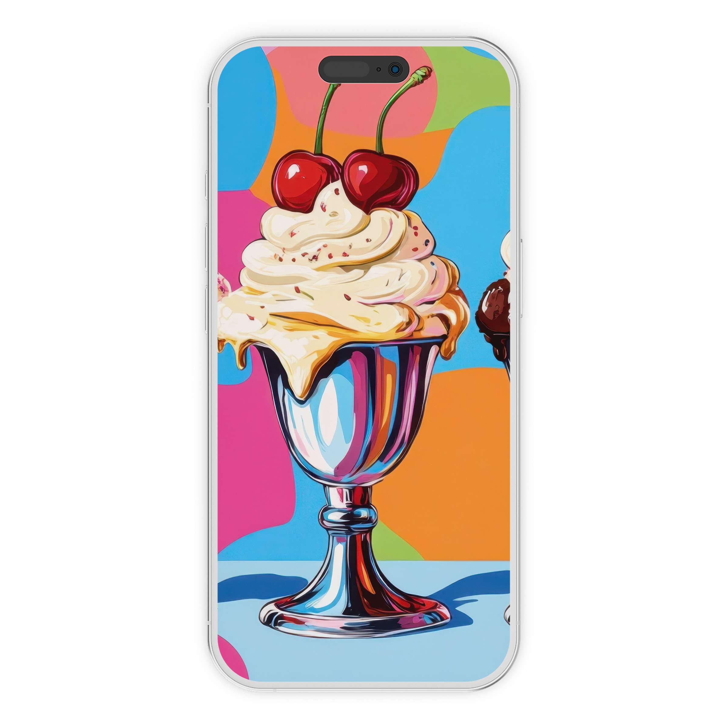 Vibrant pop art iPhone wallpaper featuring a colorful sundae with cherries on a dynamic background digital download for phone