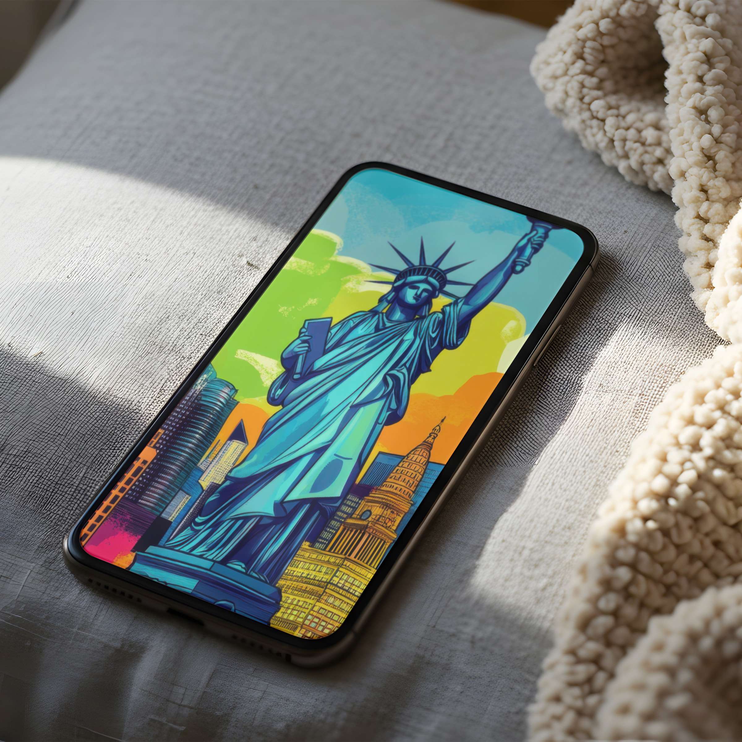 Vibrant Statue of Liberty phone wallpaper with sunset hues on a cozy pillow setting inspires elegance and high resolution peace