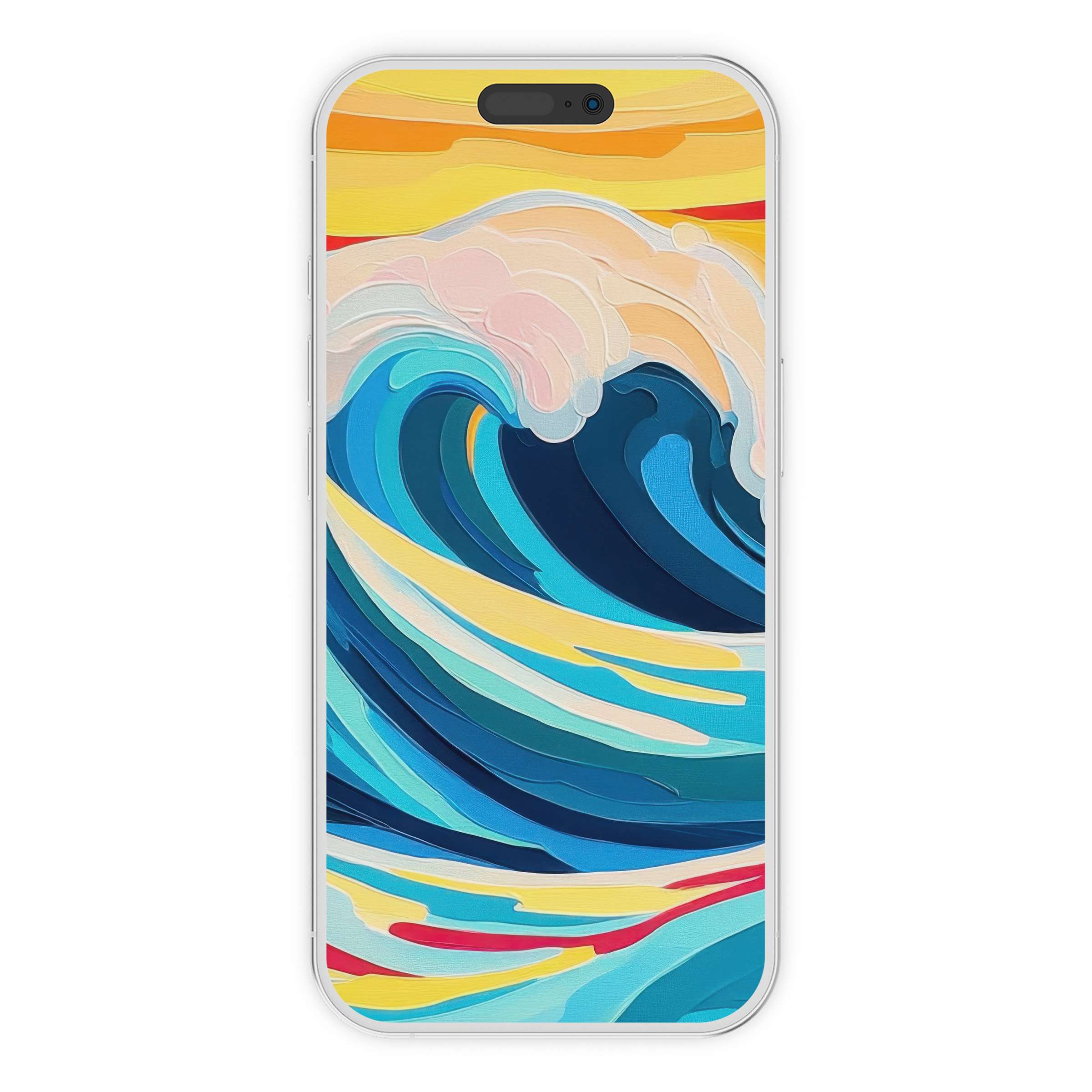 Vibrant pop art iPhone wallpaper featuring a serene ocean wave in blue and yellow hues, perfect phone background digital download