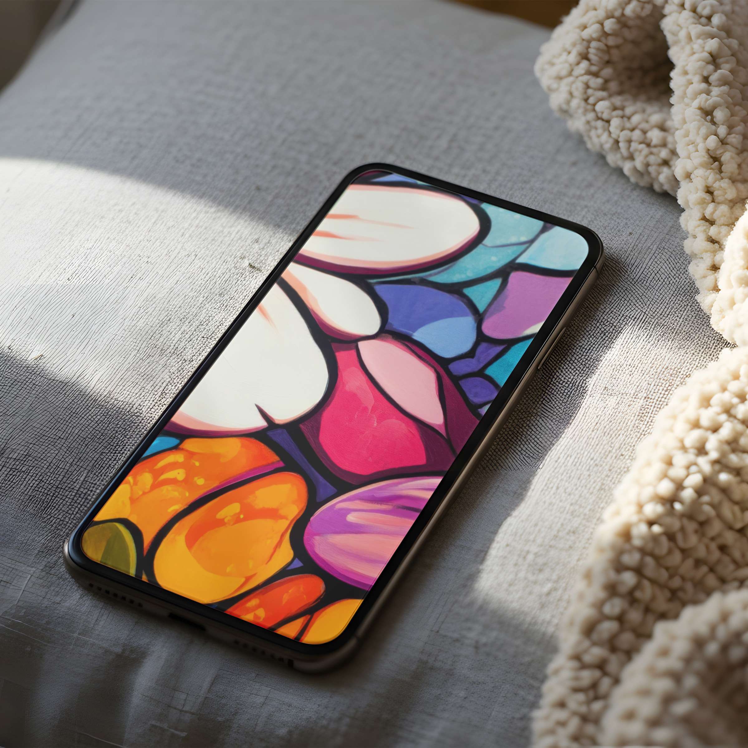 Colorful abstract phone wallpaper in high resolution, elegantly set on a cozy blanket, perfect digital download for iPhone and android