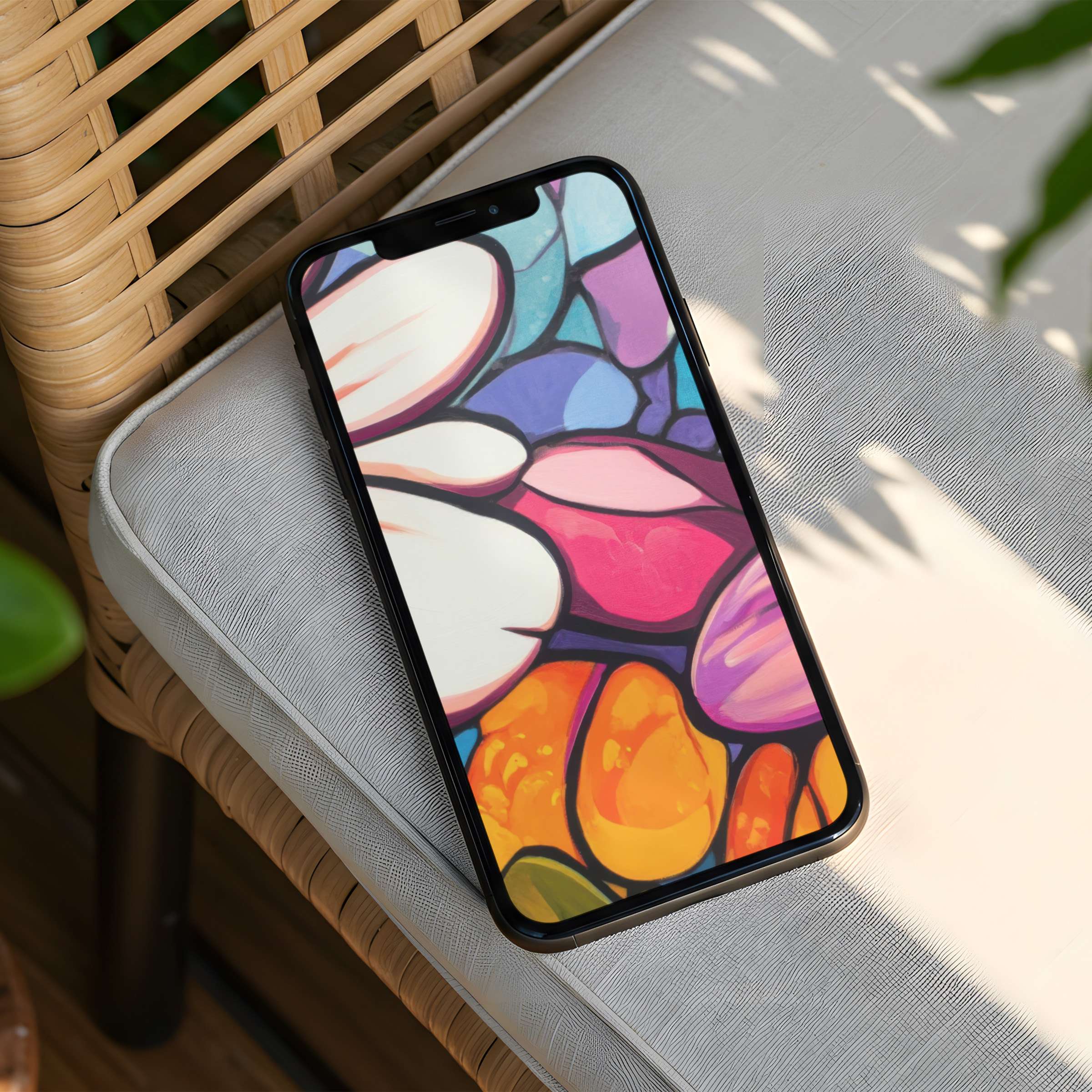 Bright, stained glass-inspired iPhone background offers calm and elegance; fits all phones, instant download for mindful inspiration