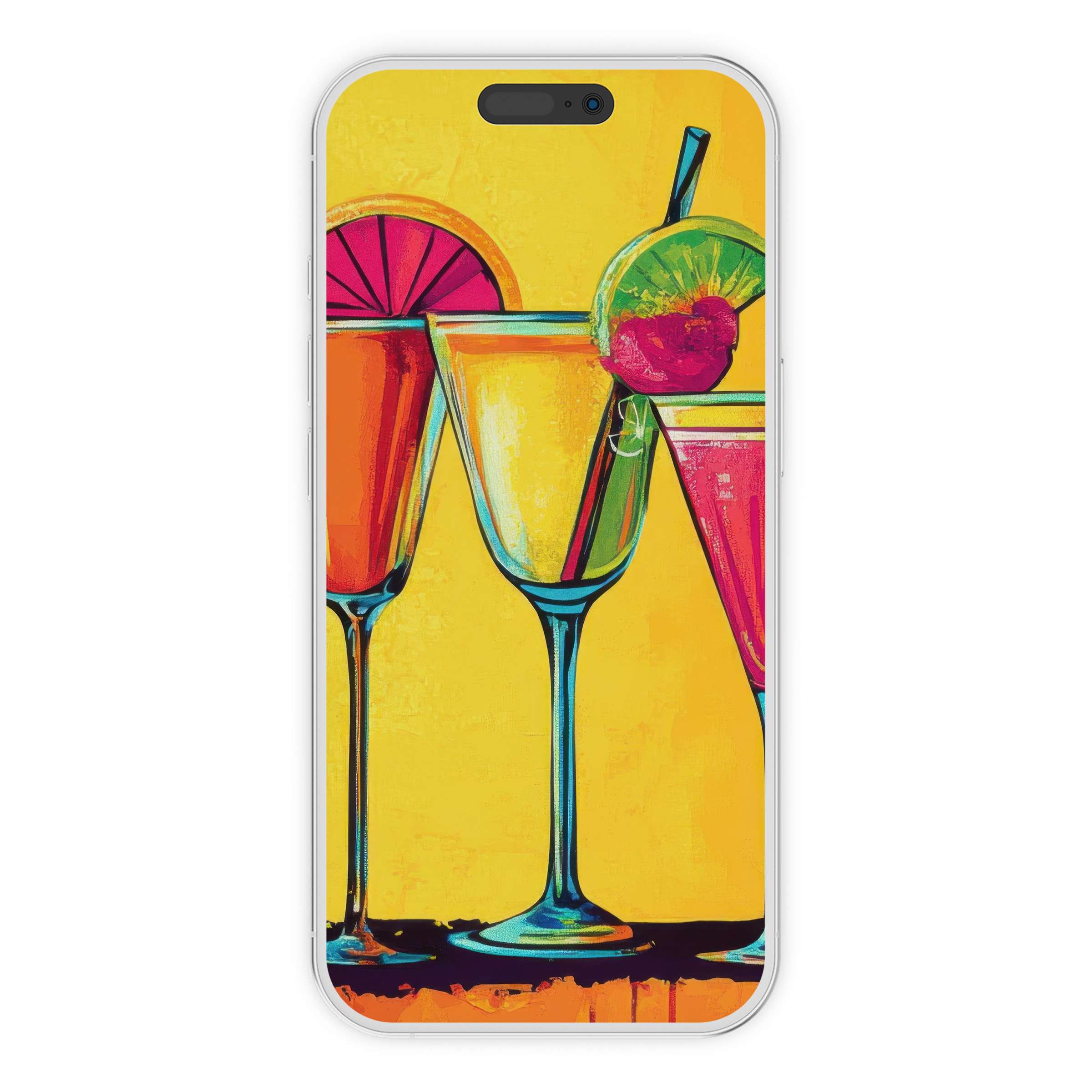 Vibrant pop art iPhone wallpaper with colorful cocktails on a yellow phone background perfect for a digital download to inspire creativity