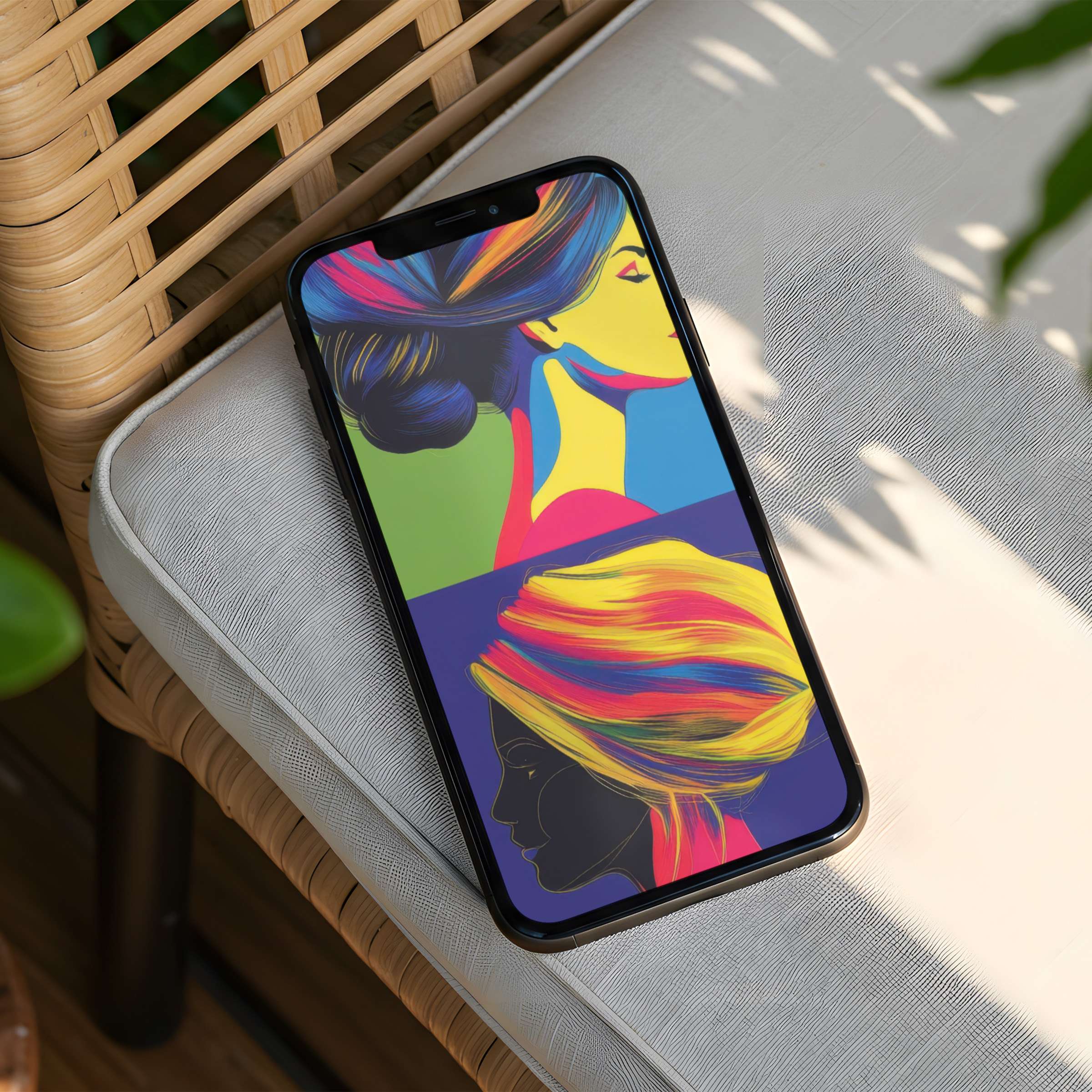 Vibrant abstract iPhone background with colorful silhouettes evokes calm elegance, offers instant download for mindful phone aesthetics