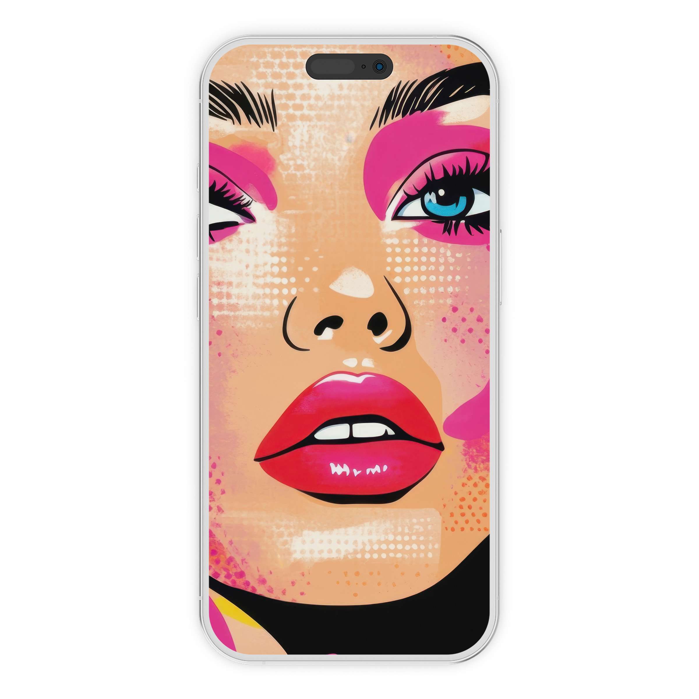 Vibrant pop art iPhone wallpaper with bold pinks and blues offers a stylish phone background, perfect for digital download and creativity
