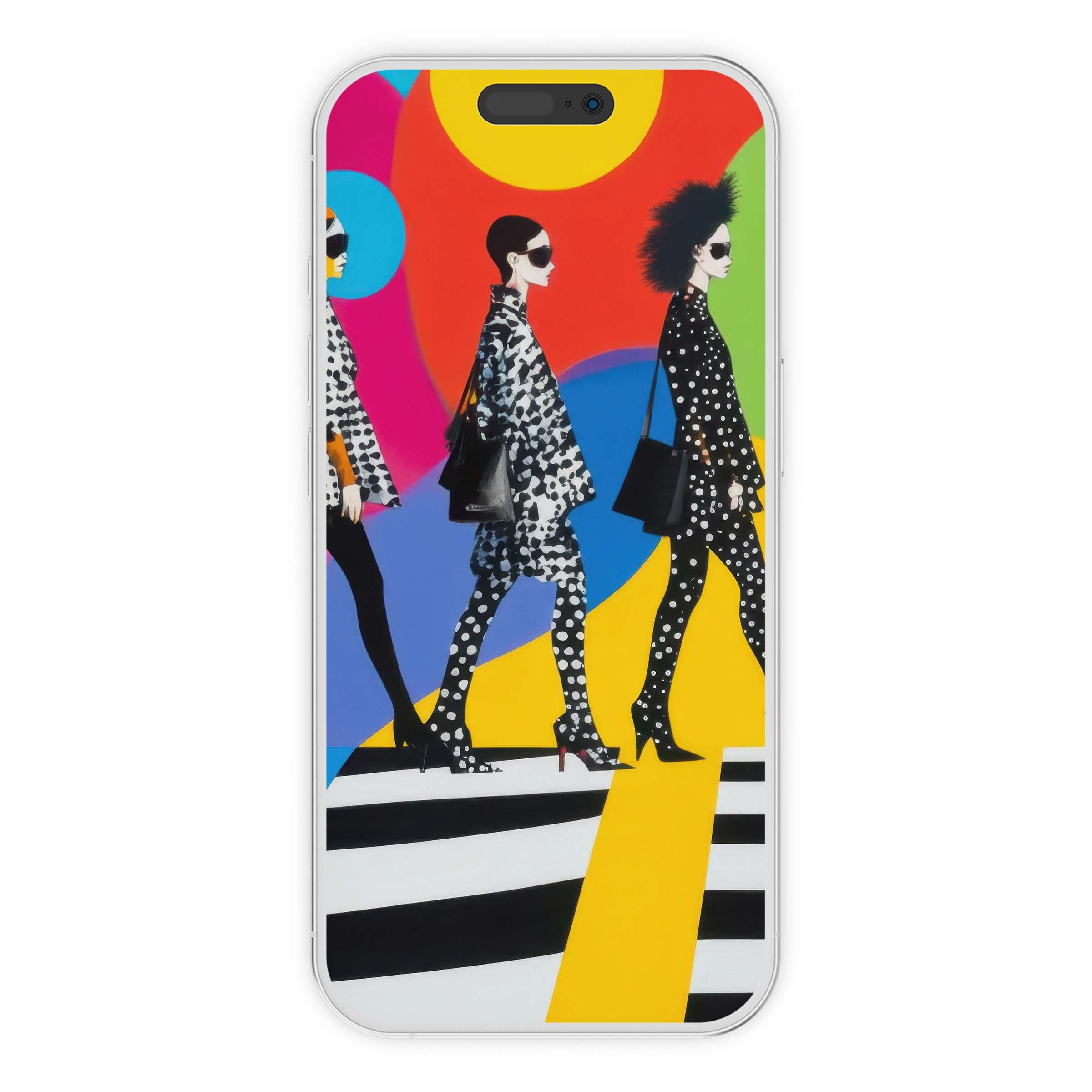 Vibrant pop art iPhone wallpaper featuring stylish figures on a colorful abstract background ideal for a chic digital download phone accessory