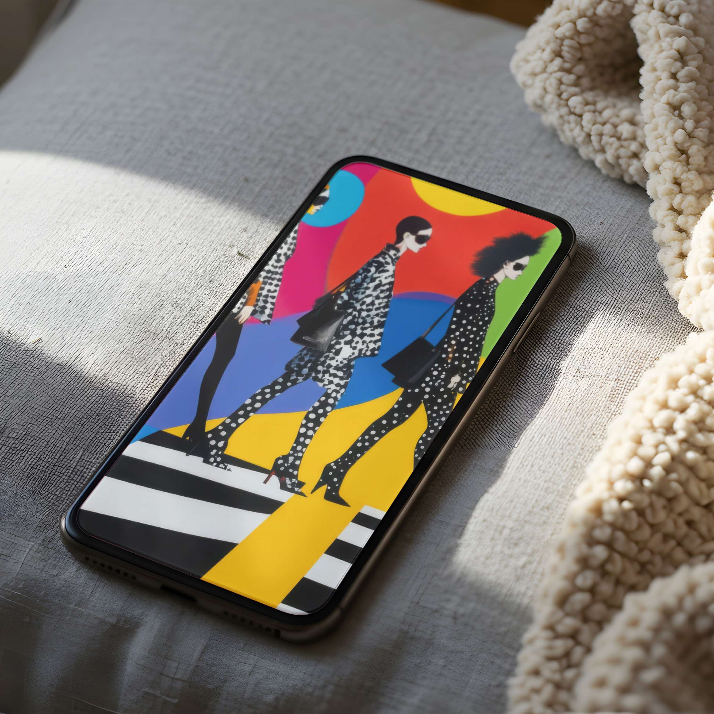 Colorful high-resolution phone wallpaper showcasing vibrant modern art with stylish figures perfect for iPhone and android digital download