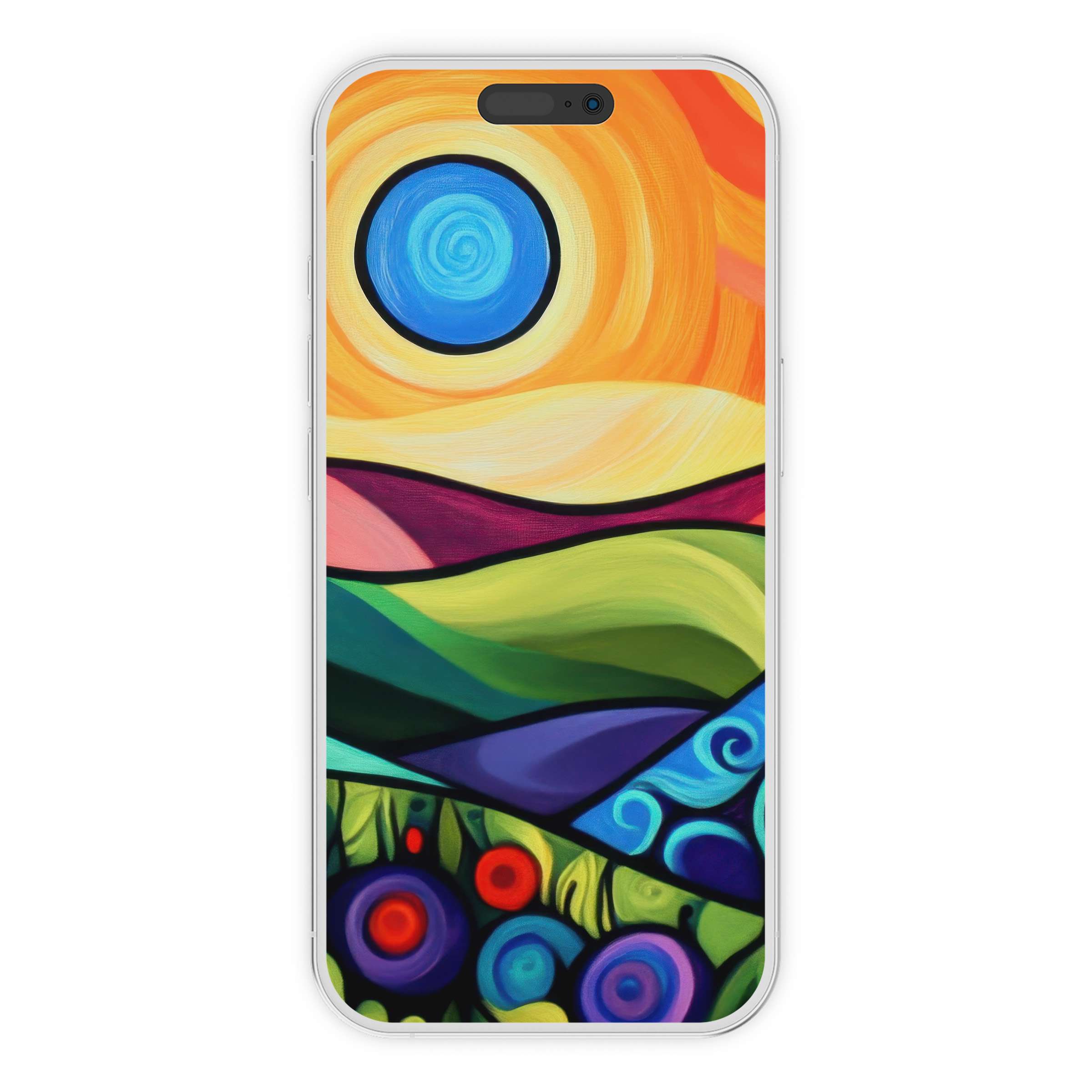 Vibrant pop art iPhone wallpaper with swirling sun and abstract hills, perfect phone background digital download for design lovers