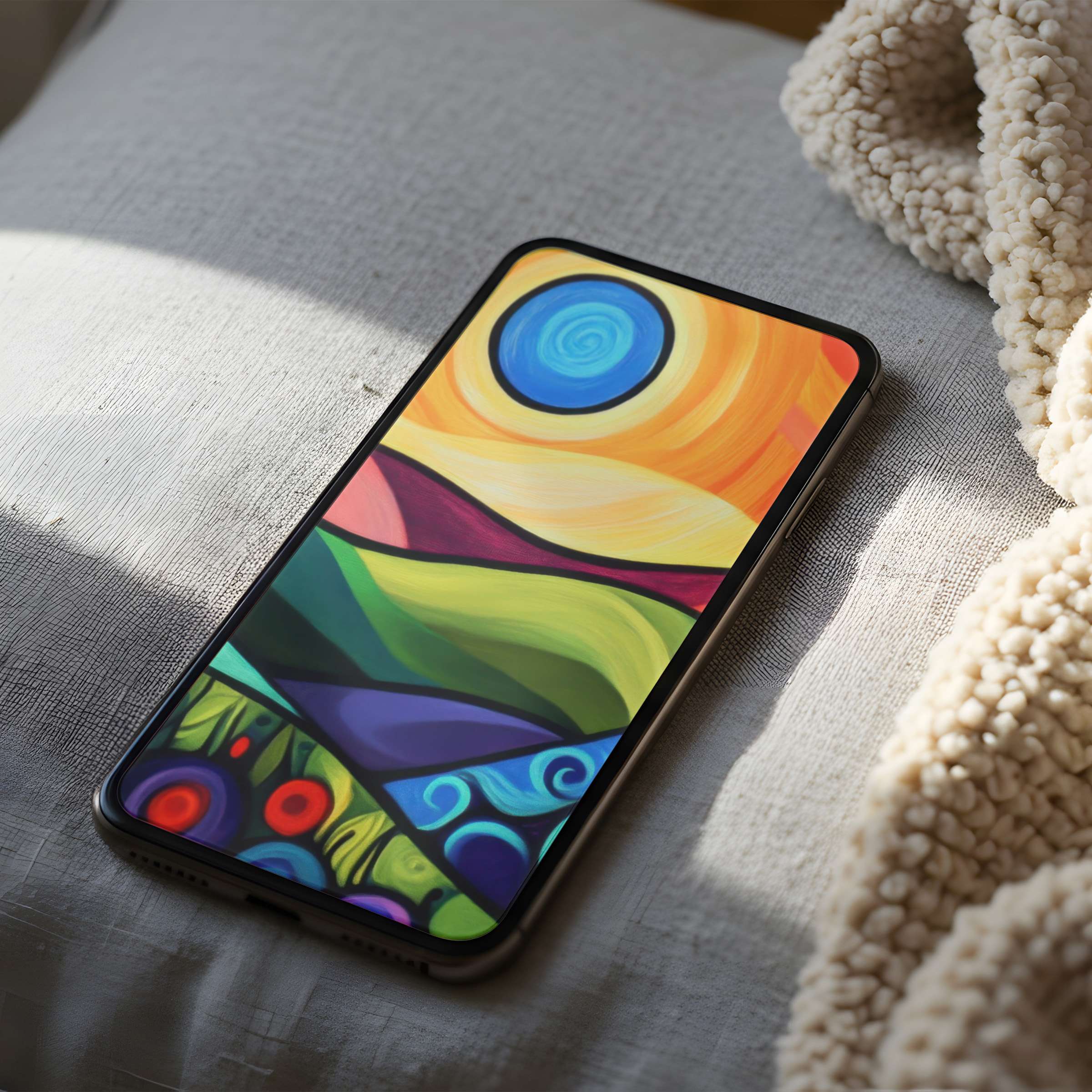 Vivid abstract phone wallpaper with swirling sun and landscape in soothing hues offers a high resolution digital download for all phones