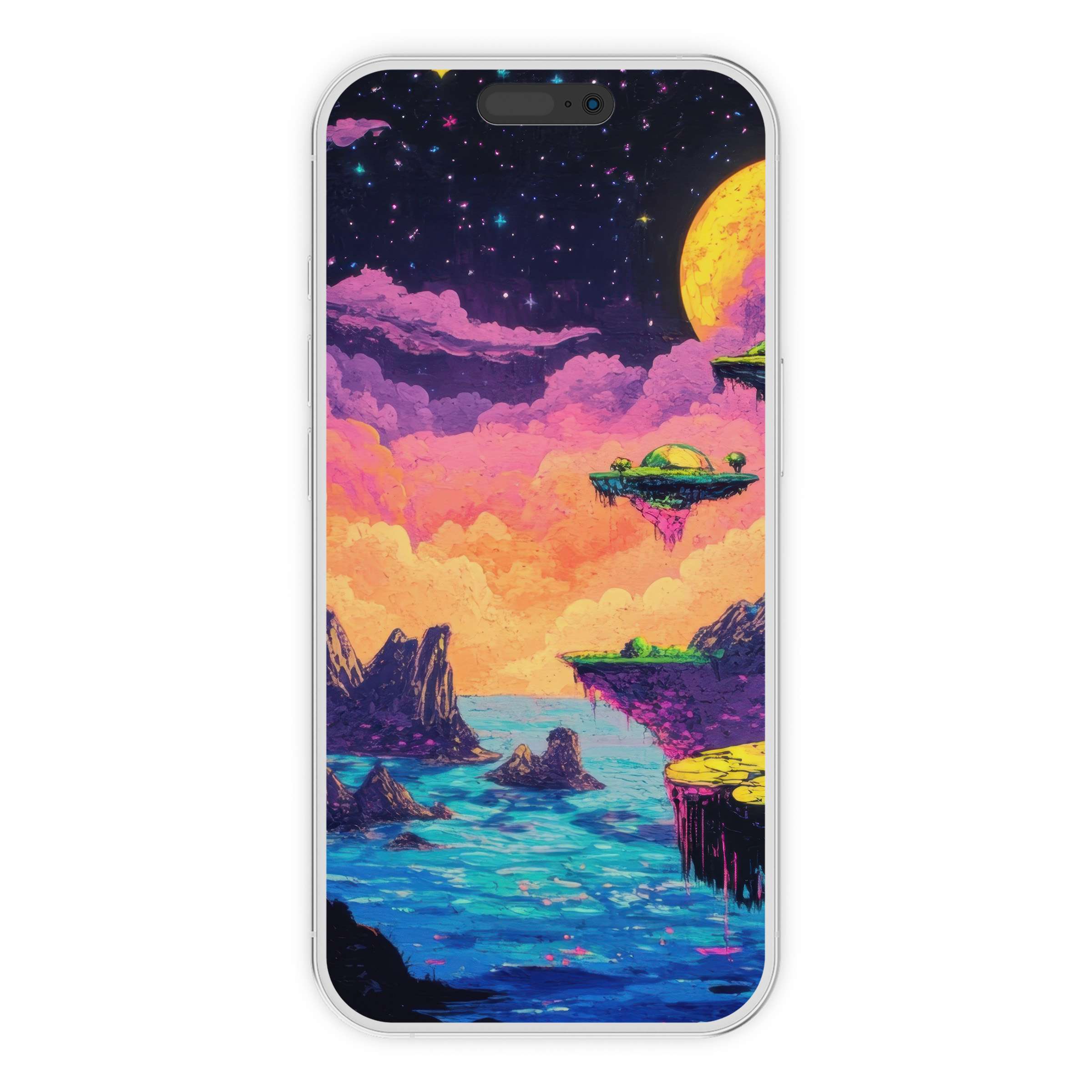 Vibrant pop art iPhone wallpaper featuring a cosmic landscape with floating islands, perfect phone background for digital download