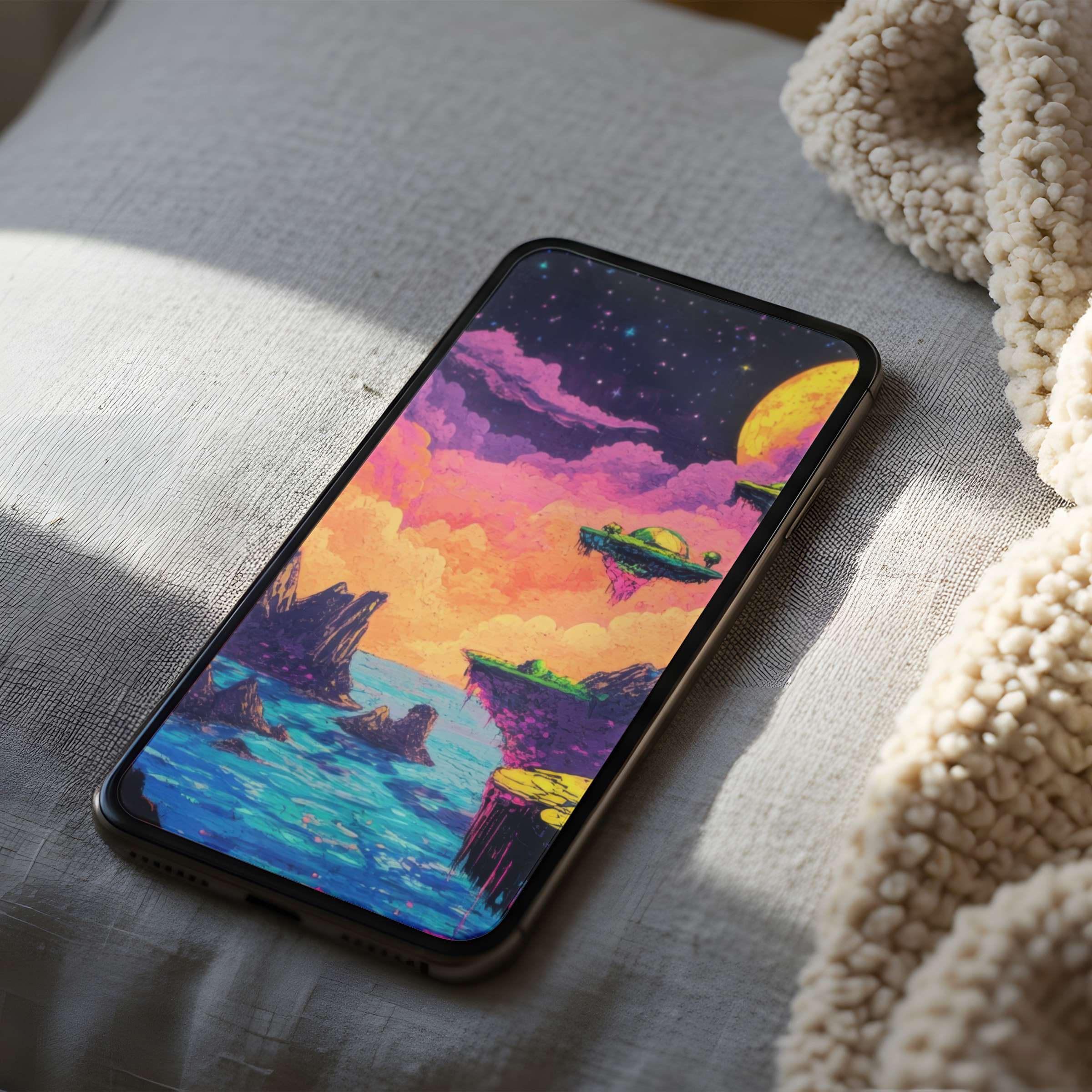 Vibrant cosmic landscape phone wallpaper blends sunset hues with sea cliffs, perfect for high-resolution iPhone and Android screens, digital calm