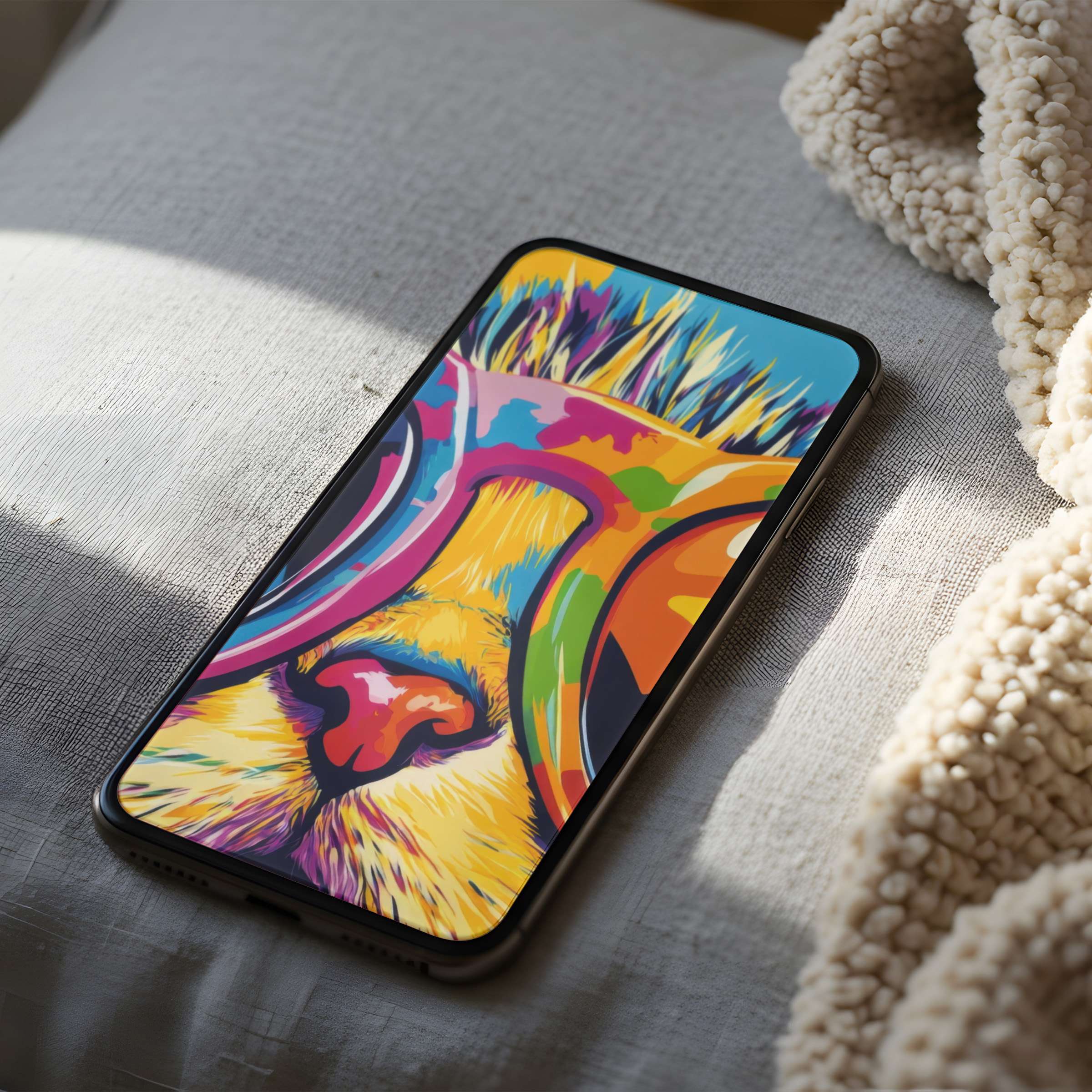 Vibrant, curated phone wallpaper featuring a colorful lion in pop art style enhances tranquility suitable for iPhone download