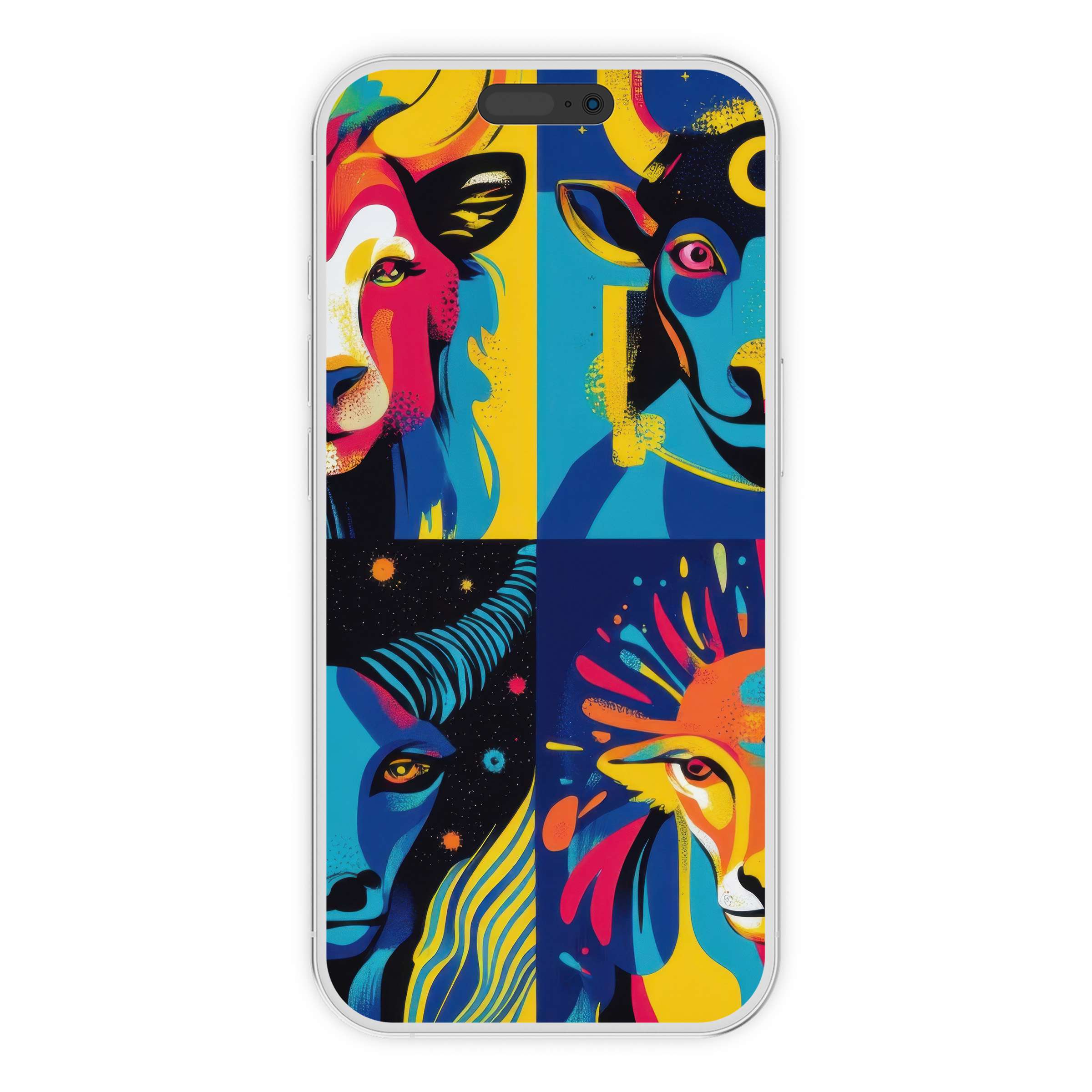 Vibrant pop art iPhone wallpaper featuring animals in bold colors, offering a stunning phone background digital download for all devices
