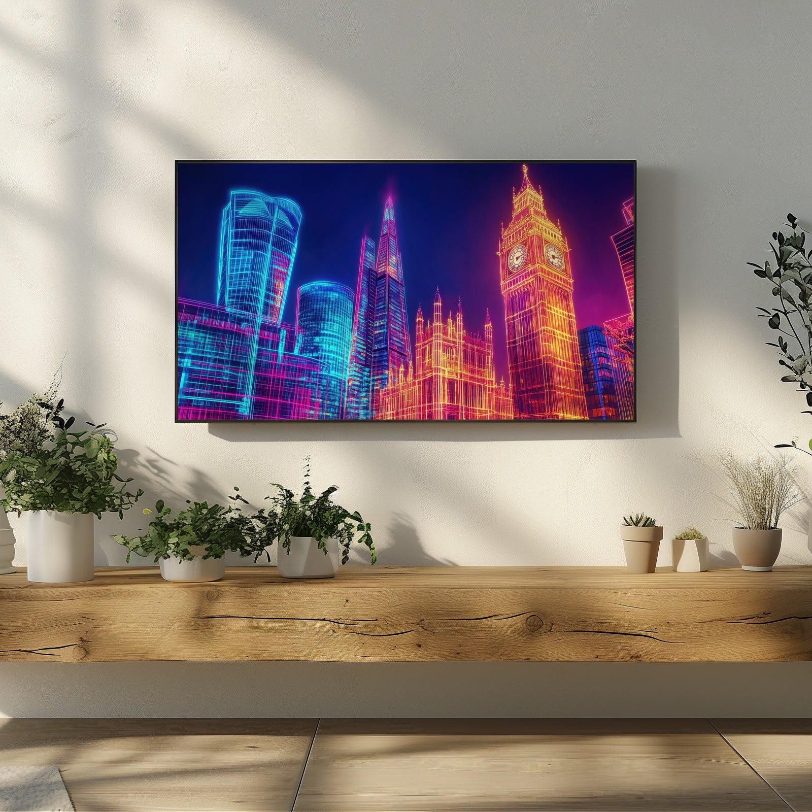 Vivid neon-style cityscape Frame TV art featuring modern London architecture glowing in blue, pink and orange tones, adding bold urban energy to a contemporary living room