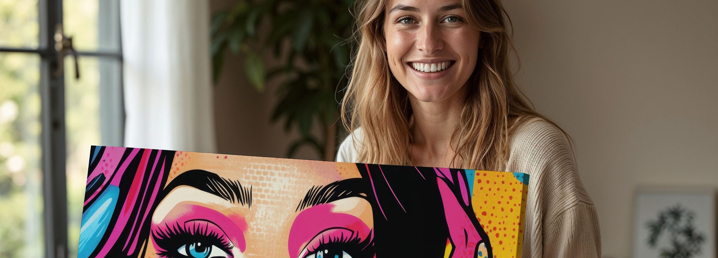 Vibrant pop art printable wall art featuring a bold, colorful portrait with modern graphic details, designed to add energy and personality to any contemporary home
