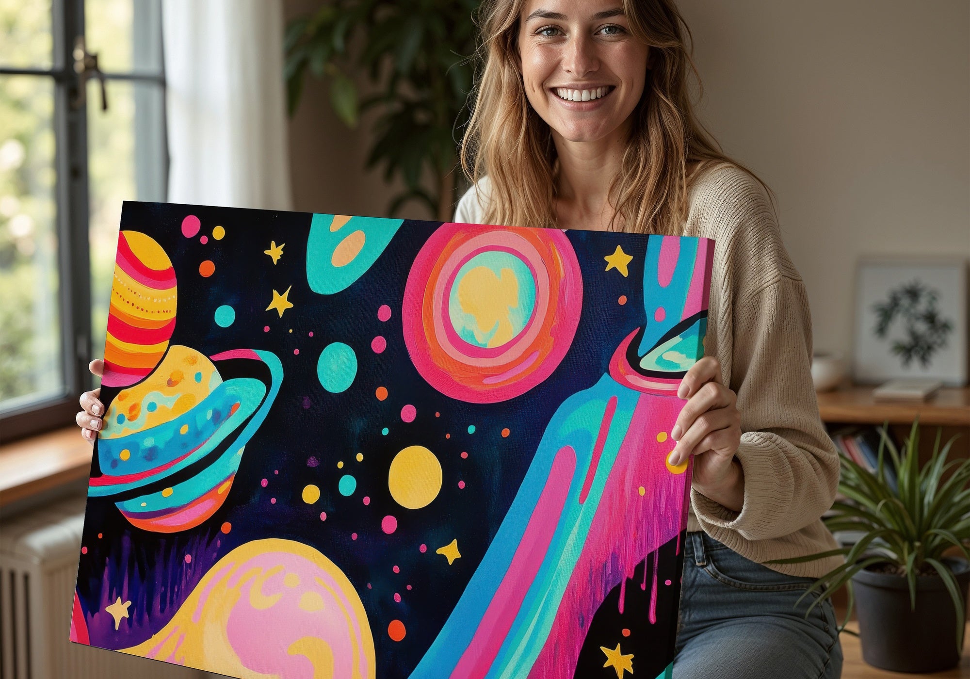 Woman with Pop Art Downloadable Art with Planets and Stars